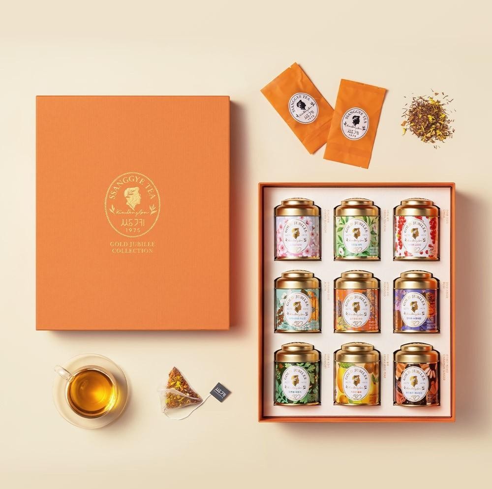 Ssanggye Gold Jubilee Korean Tea Tin Case 9 Types 45 Pyramid Bags set gift