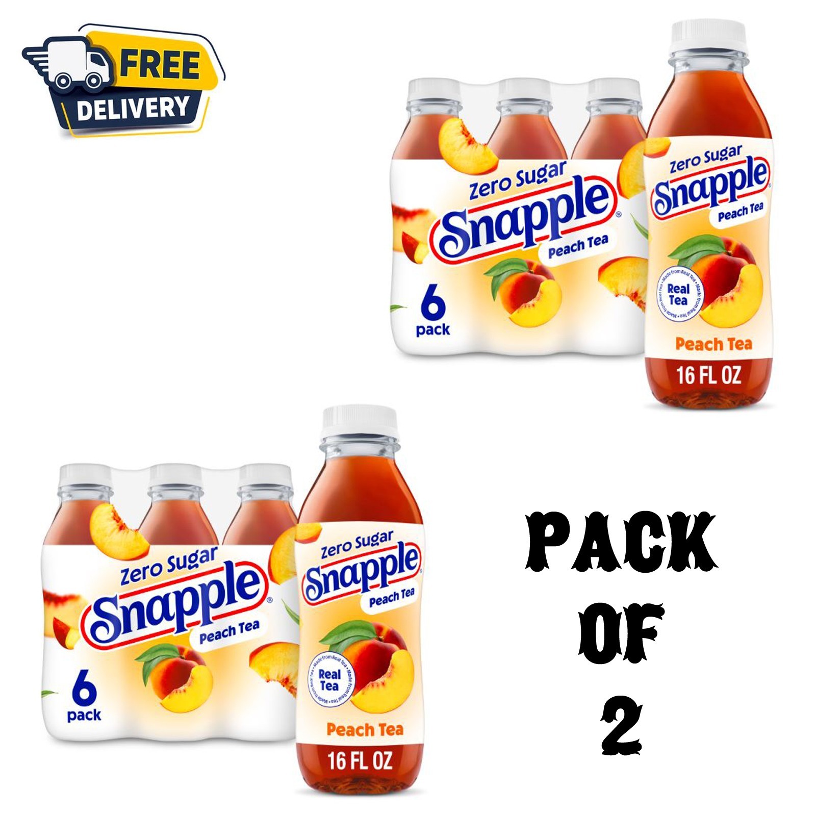 Snapple Zero Sugar Peach Tea, 16 fl oz Recycled Plastic Bottle (Pack of 6) x 2