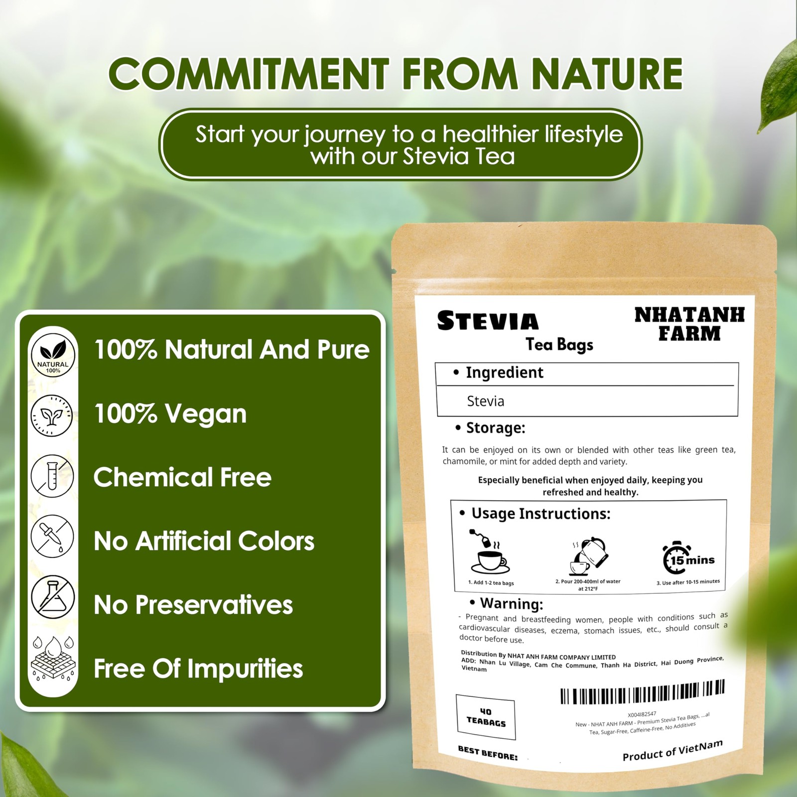Premium Stevia Tea Bags – 40 Count, 100 Natural, Sugar-Free, Herbal Blend