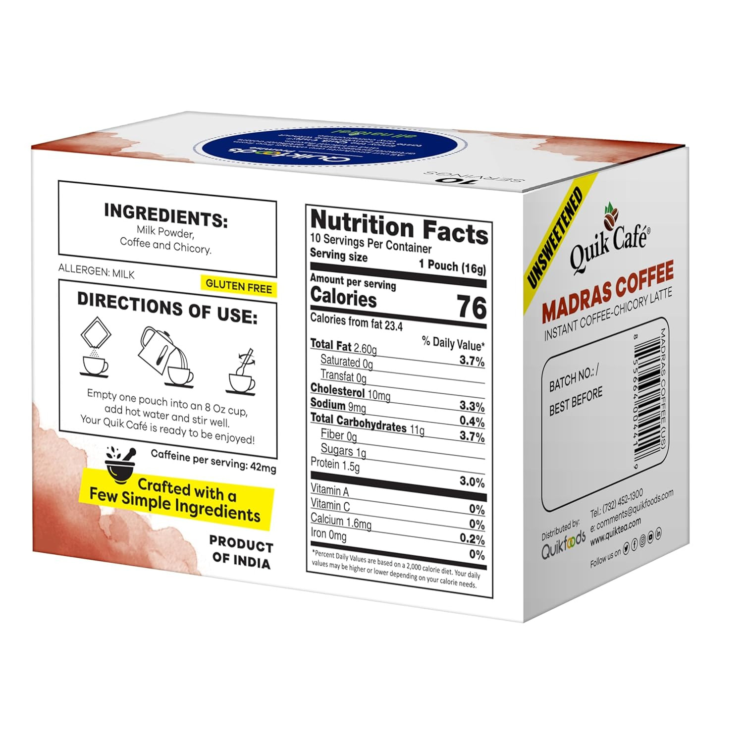 Quikcafé Madras Unsweetened Coffee – 10 Count, Instant Herbal Blend with Natu…