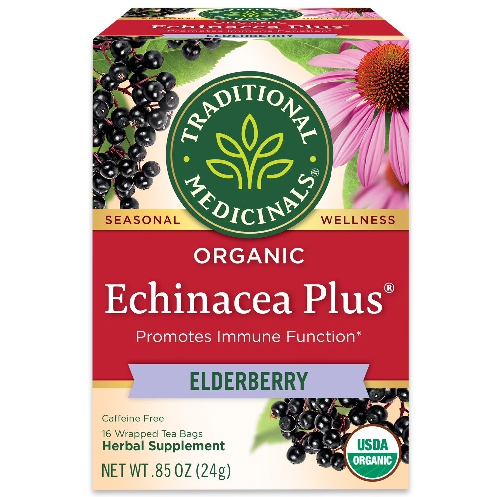 Organic Echinacea Plus Elderberry Tea Bags Herbal Supplement 4 Pack 16 Count