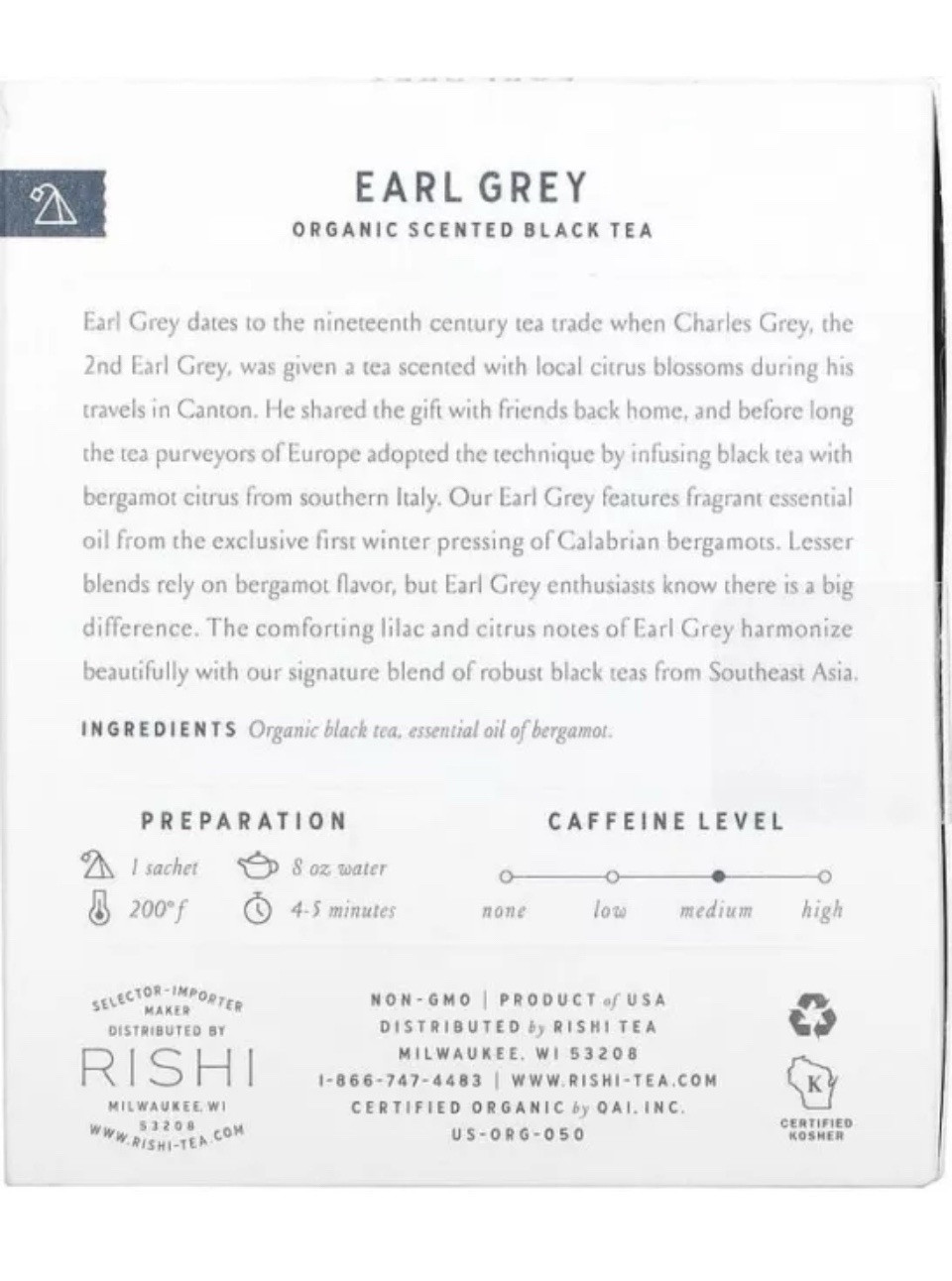 6 Pack Case Rishi Tea Earl Grey Tea – 15 sachets Per Box 90 Total BEST BY 06/26