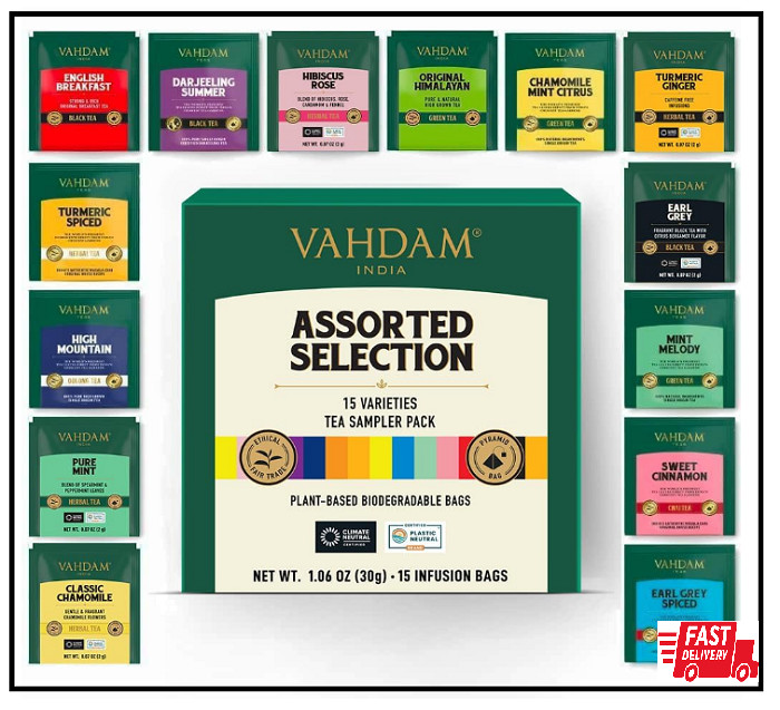 VAHDAM Tea Variety Pack – 15 Flavors Pyramid Tea Bags | Assorted Tea Sampler …