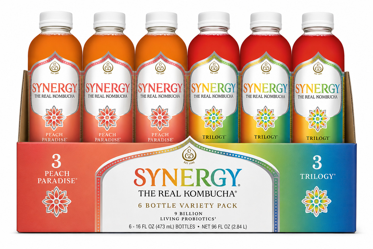 Synergy Kombucha Trilogy & Peach Paradise 16oz 6 Pack Variety Drink