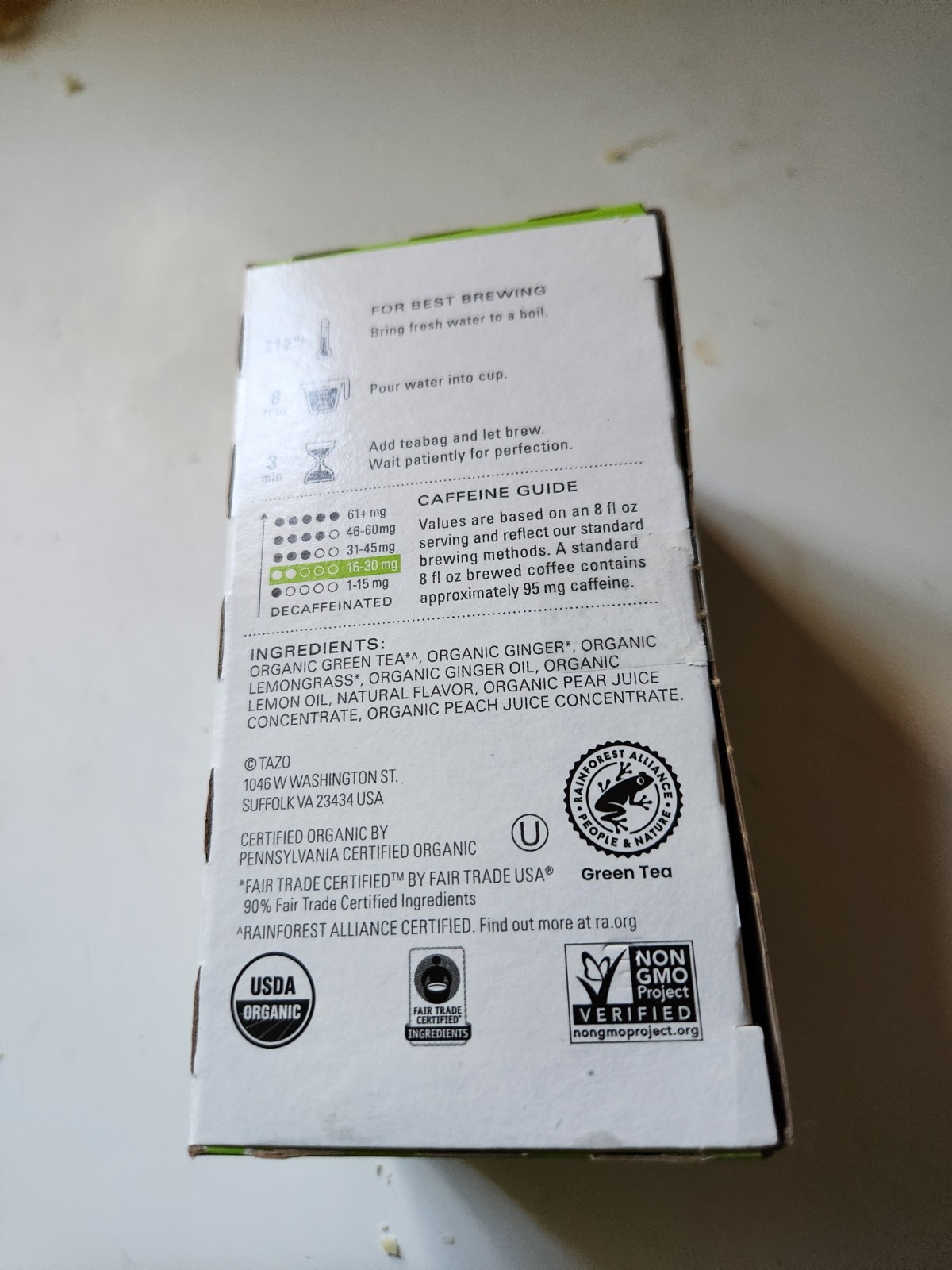 Tazo Organic Green Ginger Tea USDA Organic Fair Trade Non-GMO 16 Bags