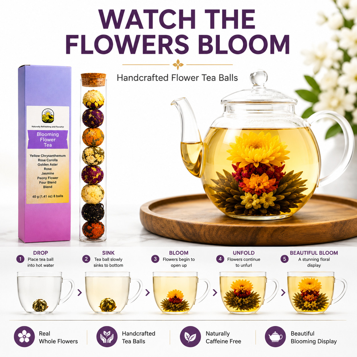 Summer Sale Blooming Tea Balls 8 Pack Jasmine Rose Chrysanthemum Peony Tea