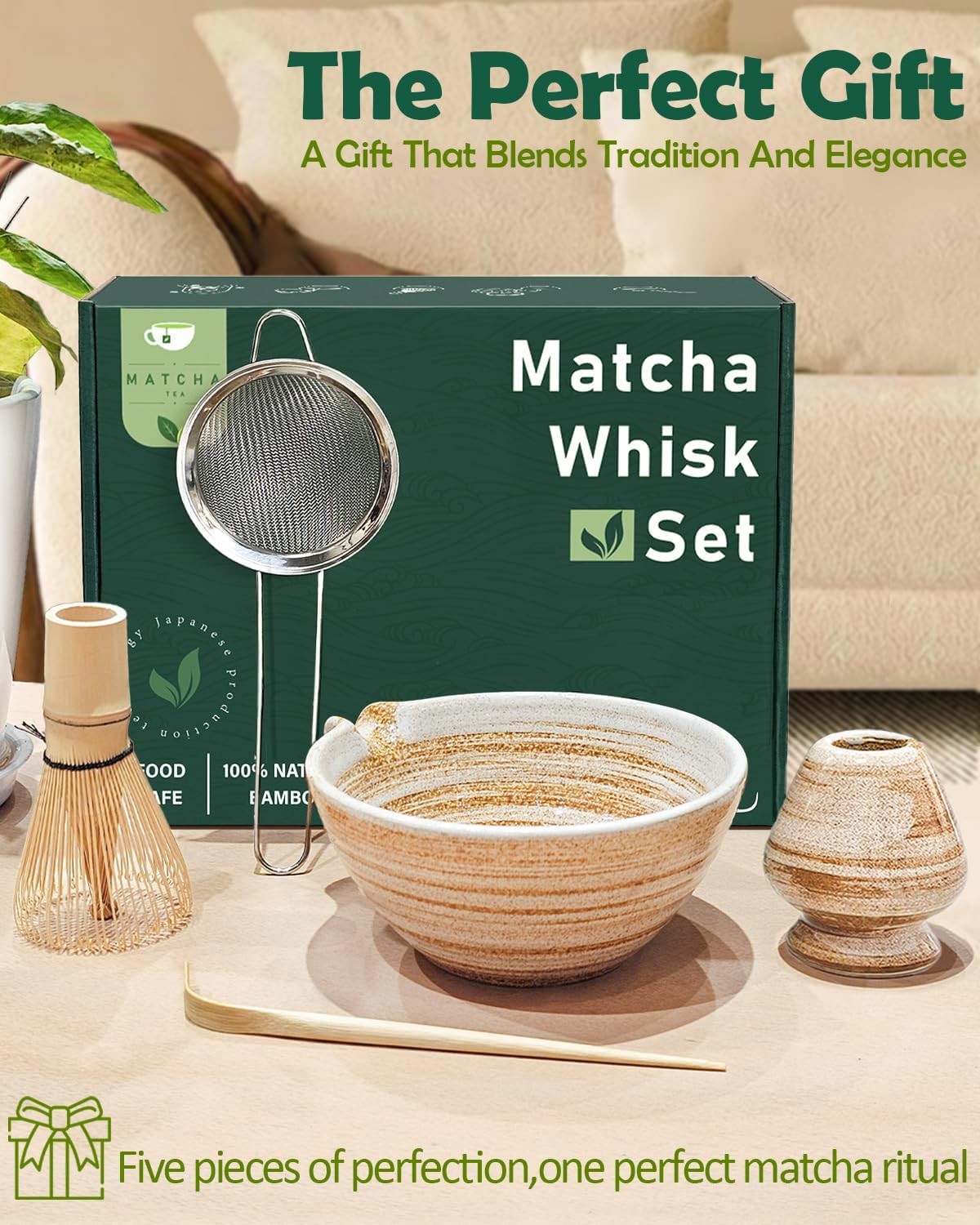 Matcha Whisk Set with Ceramic Matcha Bowl and Bamboo Whisk Kit