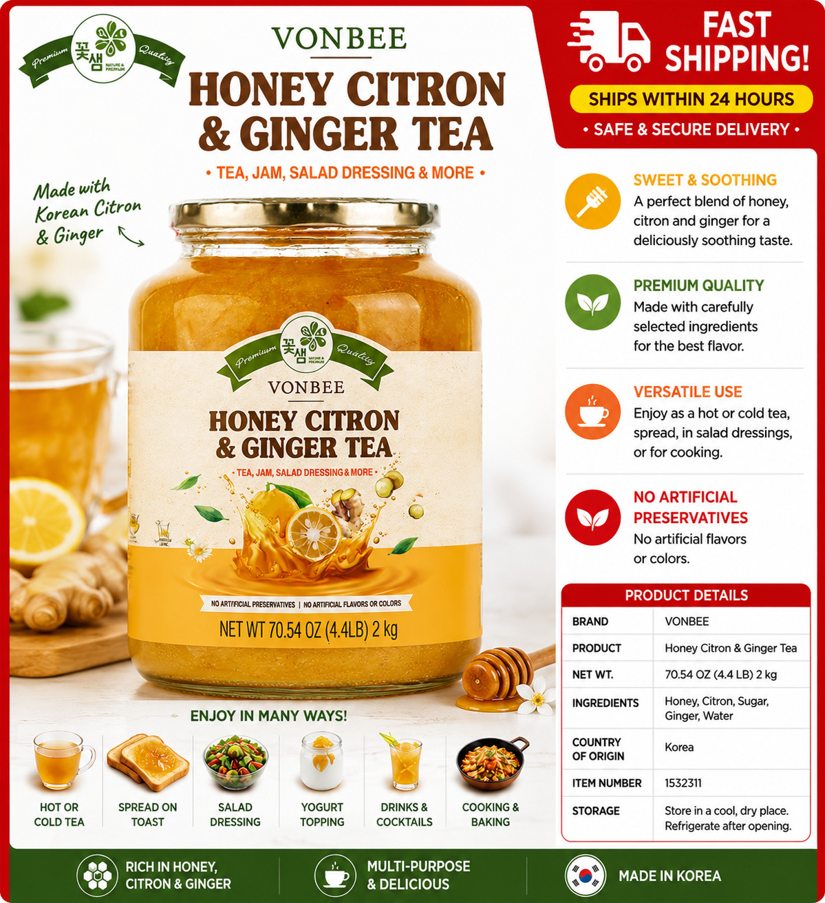 Vonbee Honey Citron and Ginger, 4.4lb