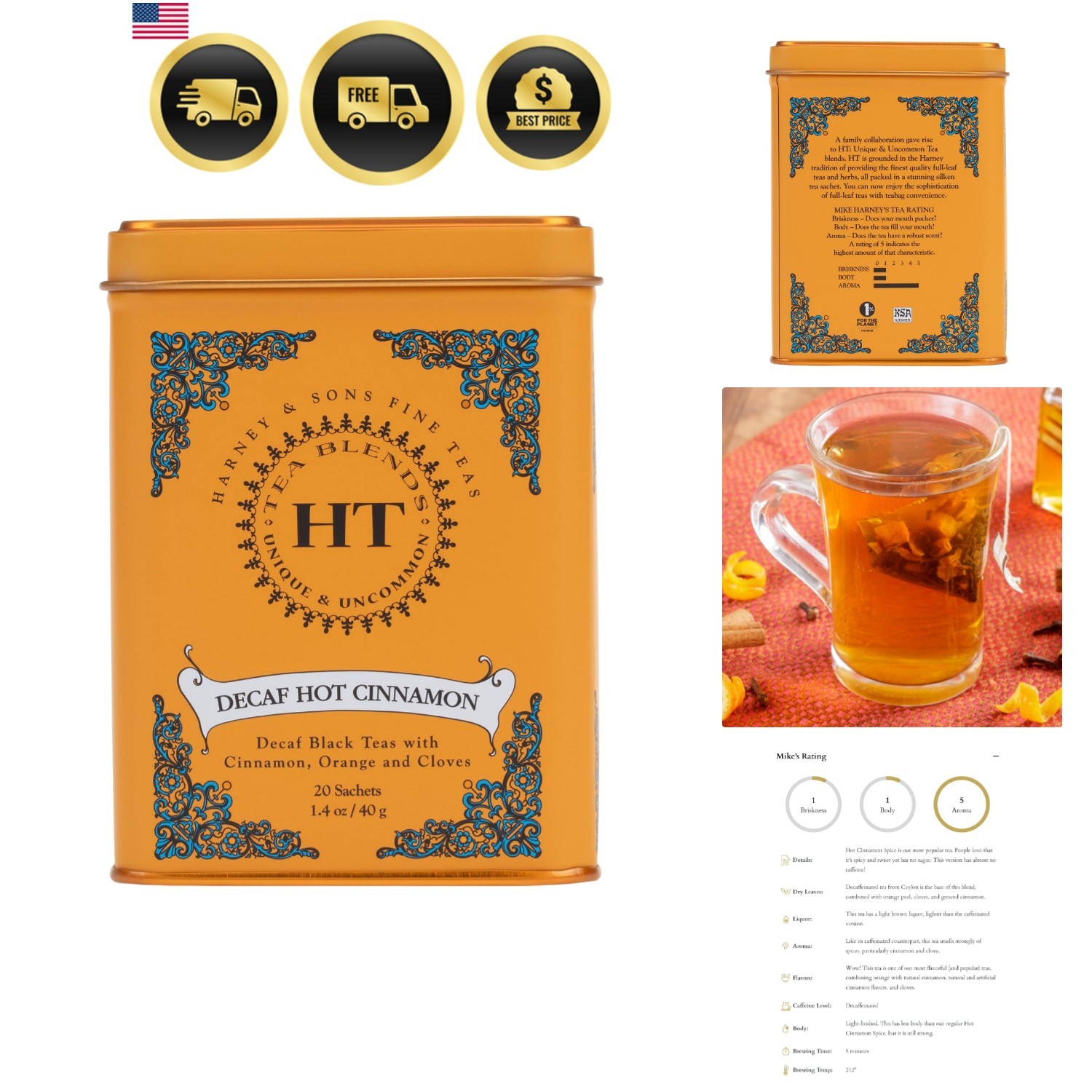 Harney and Sons Decaf Hot Cinnamon , Decaf Flavored Black 20 Sachets per Tin …