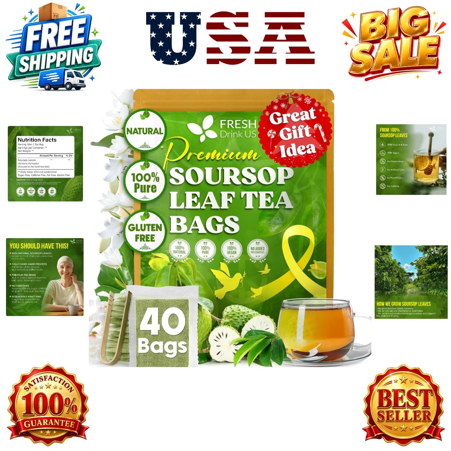 40 Soursop Graviola Leaf Tea Bags, 100% Natural and Pure from Soursop Leaves…
