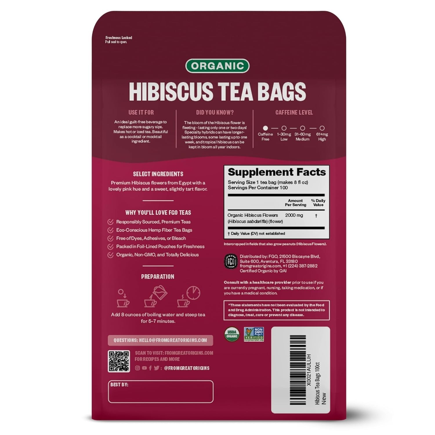 Revitalize with Organic Hibiscus Tea – 100 Bags of Sweet & Tart Caffeine-Free