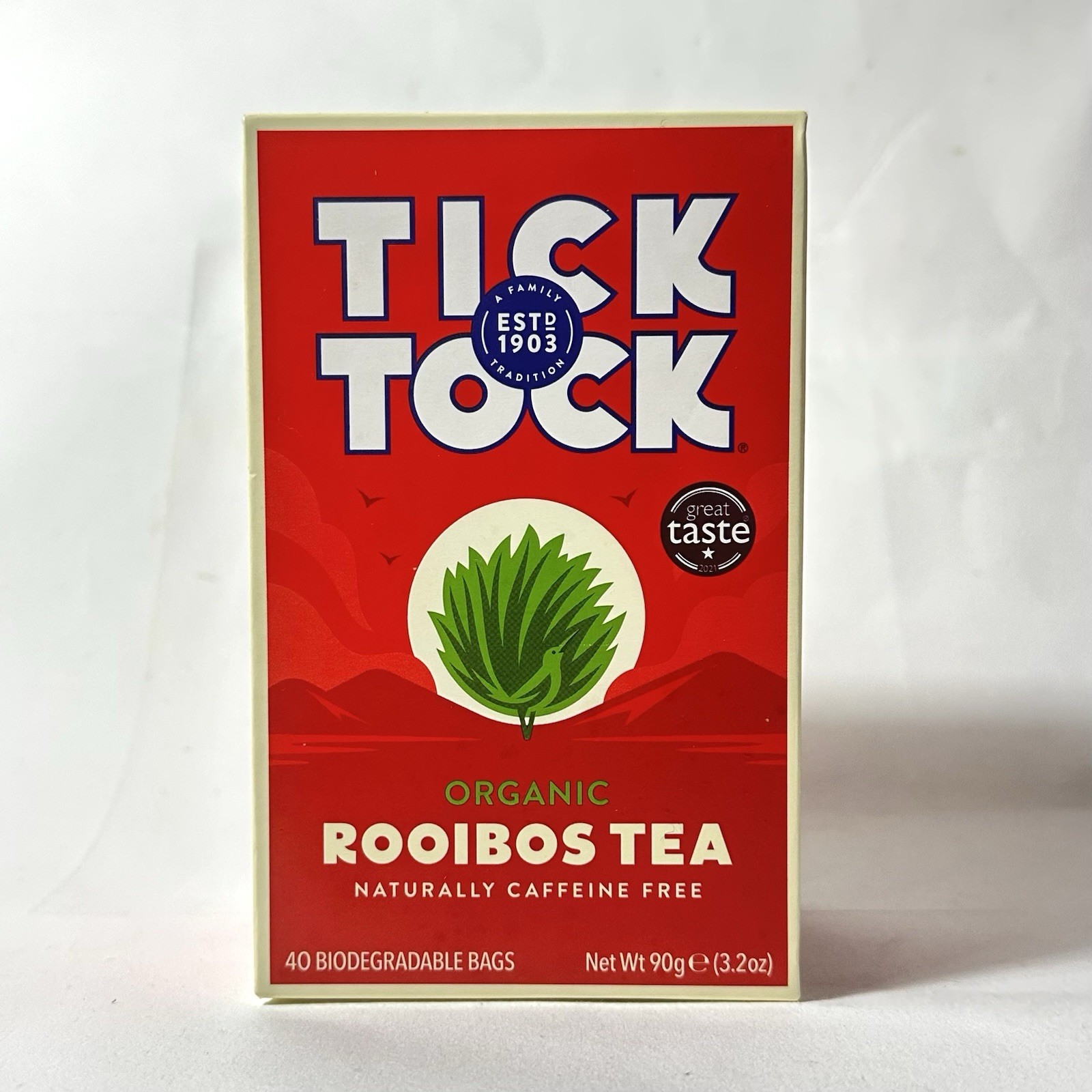 Tick Tock Rooibos Tea Organic Caffeine Free Box 40 Biodegradable Bags 90g 3.2oz