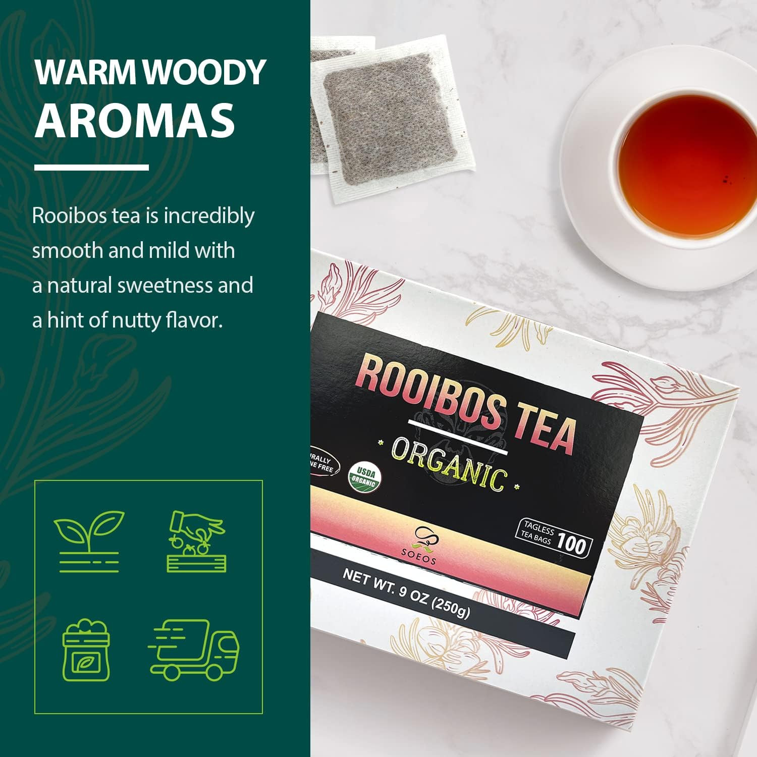 Organic Rooibos Tea, 9Oz (250G), 100 Tagless Tea Bag, Naturally Caffeine Free, U