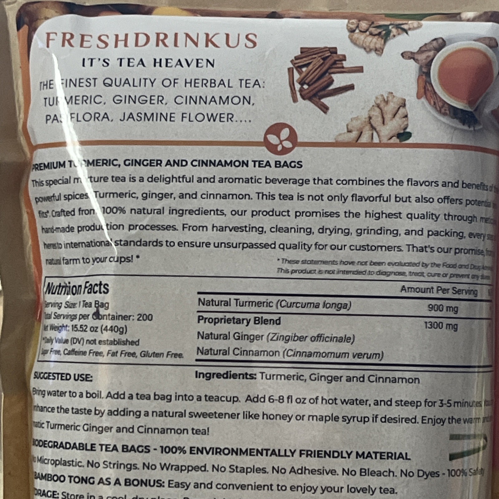 Premium 200 Turmeric Ginger Cinnamon Natural Tea Bags Pure No Additive Added