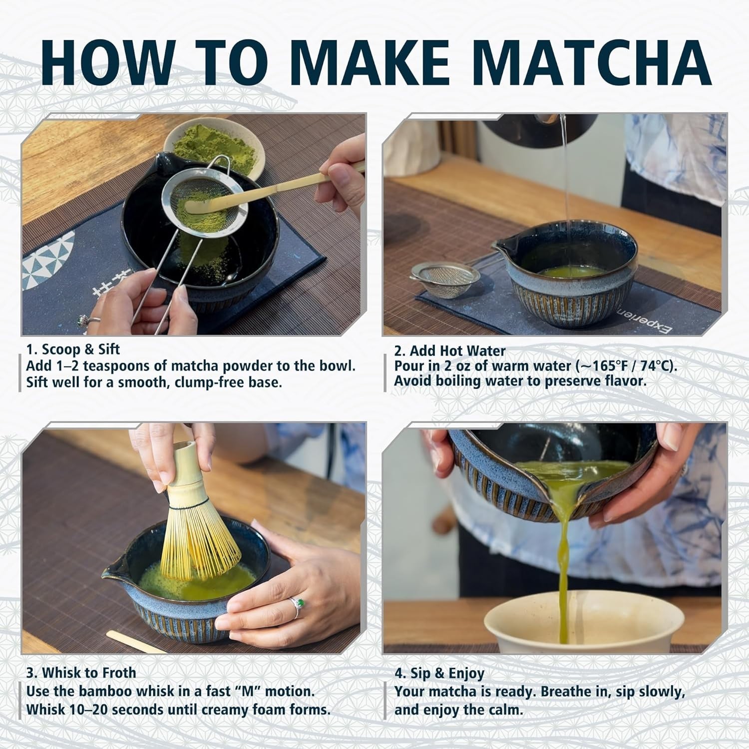 Set Matcha 7 Piezas con Bowl 18oz Batidor Bambú y Accesorios Ceremonia Japonesa