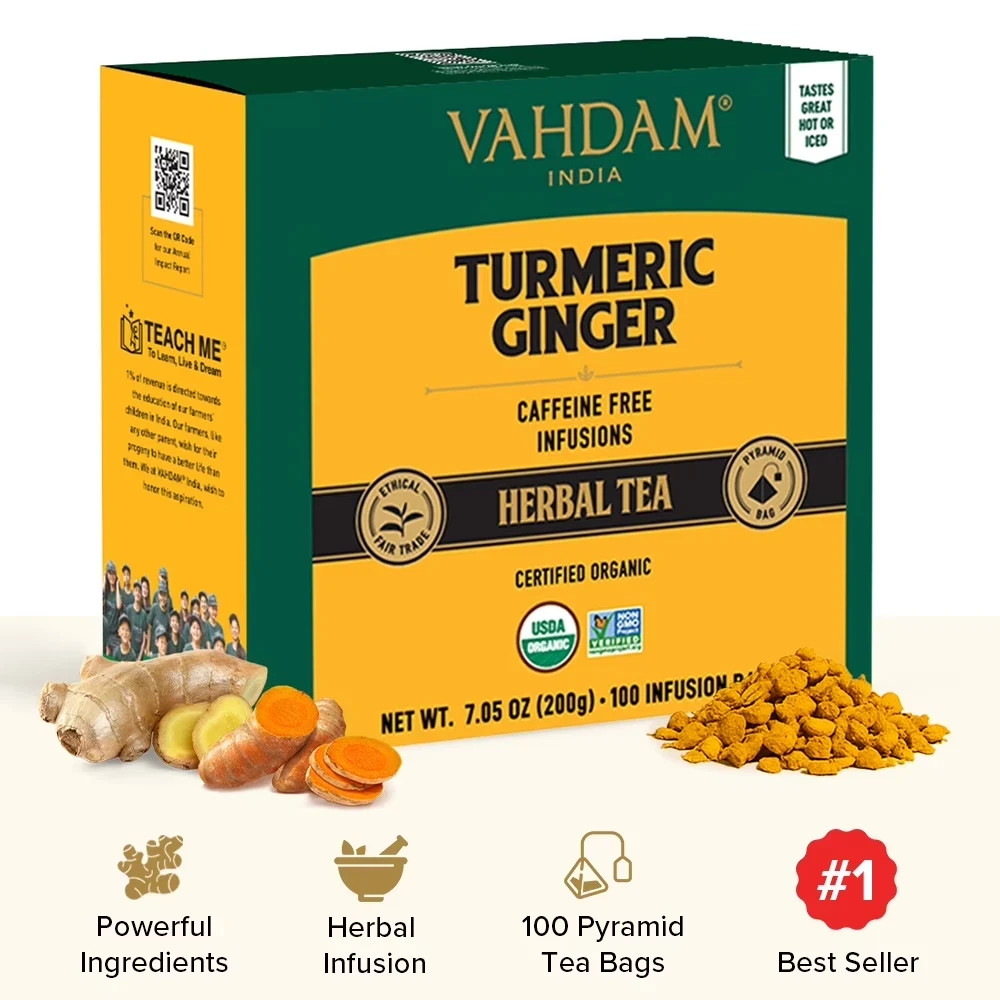 VAHDAM Organic Turmeric Ginger Tea 100 Bags Caffeine Free Non-GMO Herbal