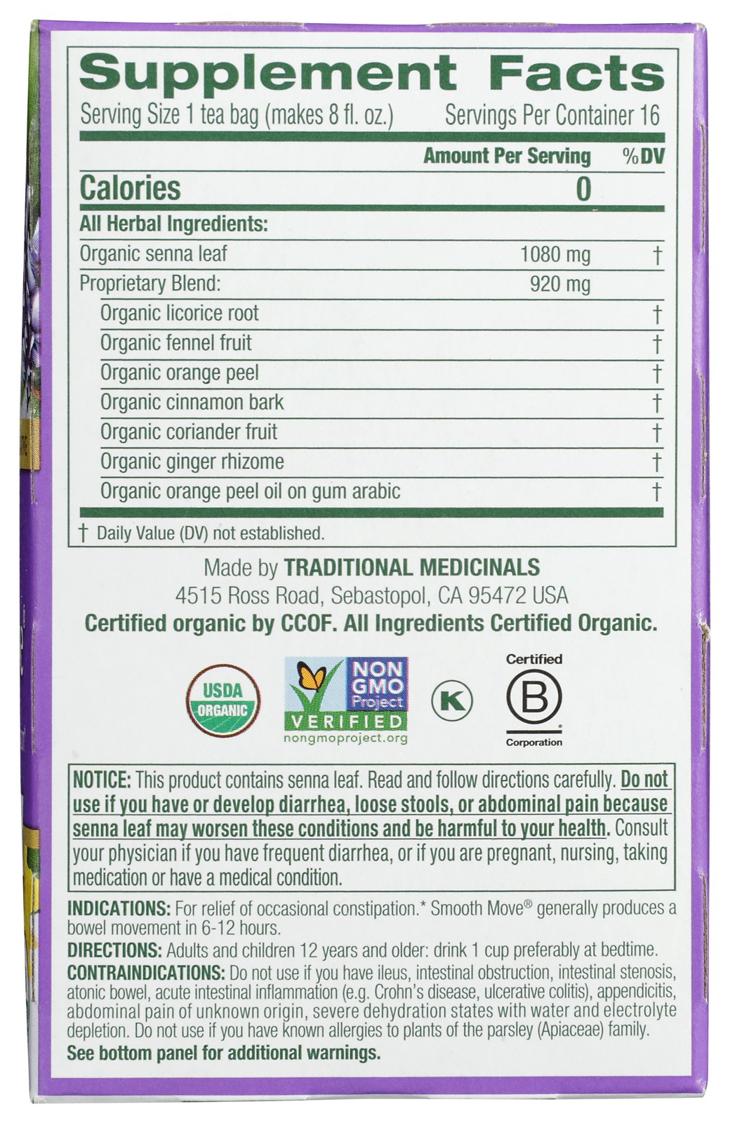 Traditional Medicinals Organic Smooth Move Herbal Tea 16 Bags Ct 3 Pack