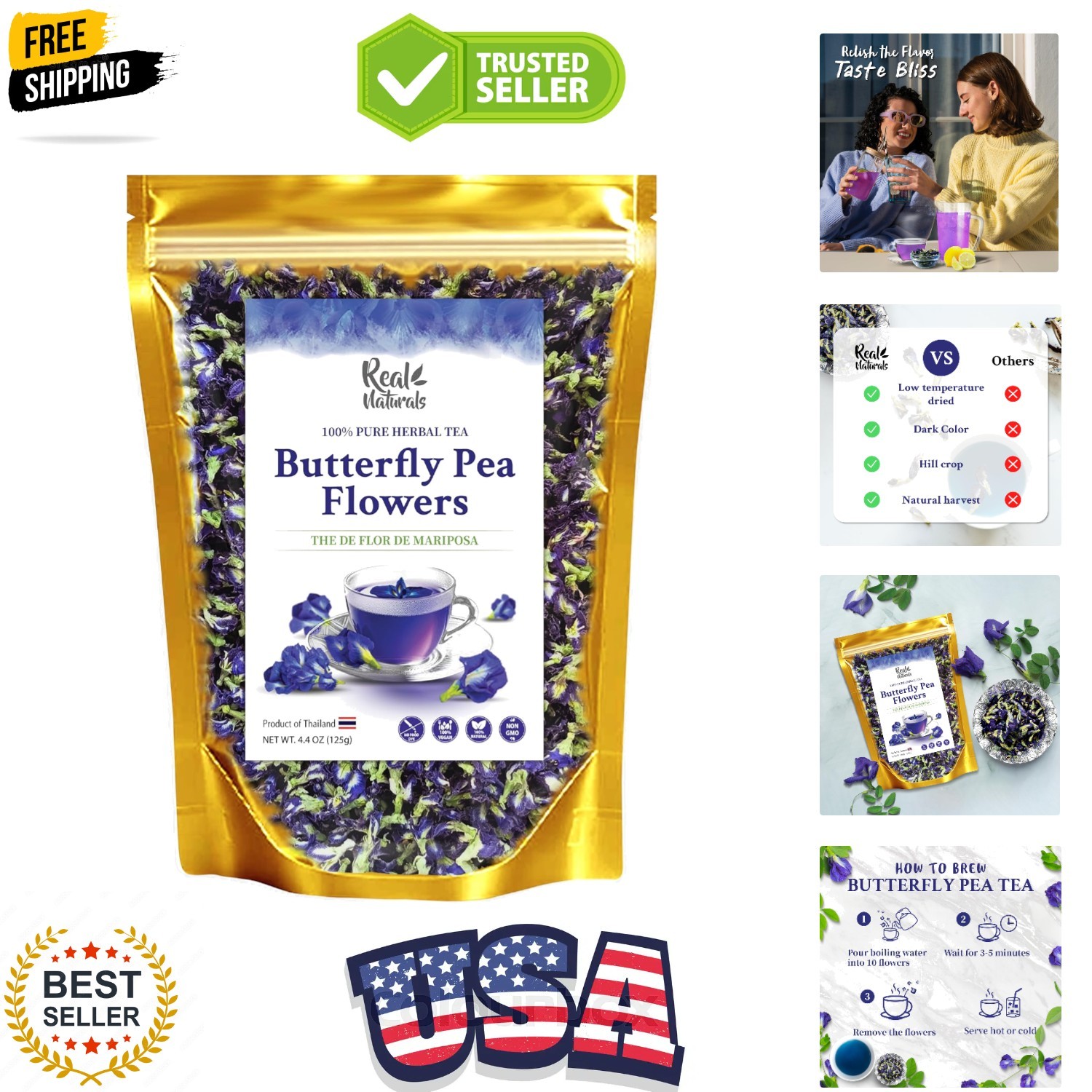 Butterfly pea flower tea loose leaf 375+ Cups [ 4.4 Ounces Oz] Dried butterfl…