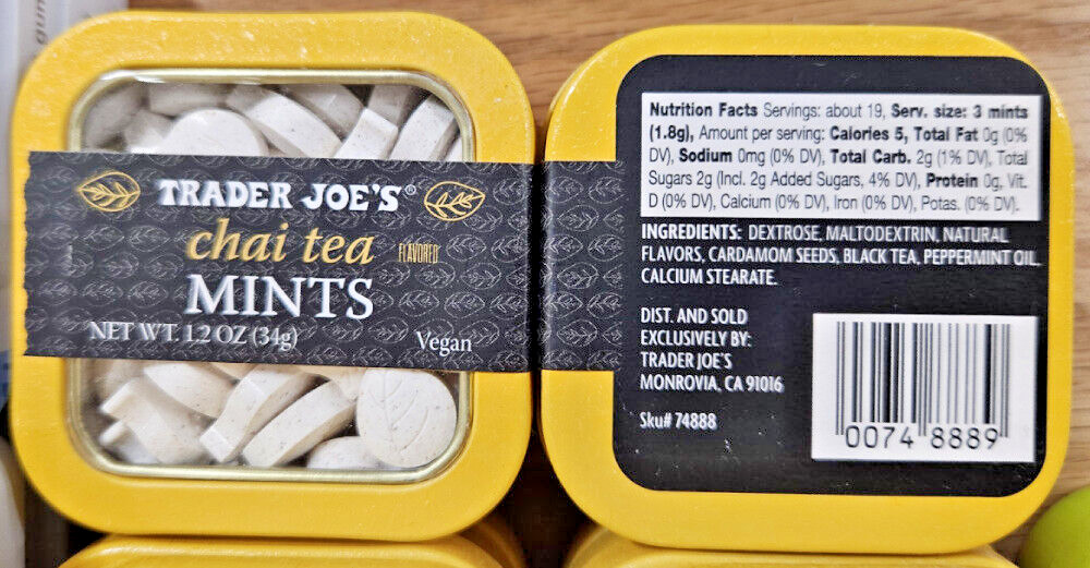 Trader Joe’s Chai Tea Vegan Mints 1.2oz 34g (2 Tins)