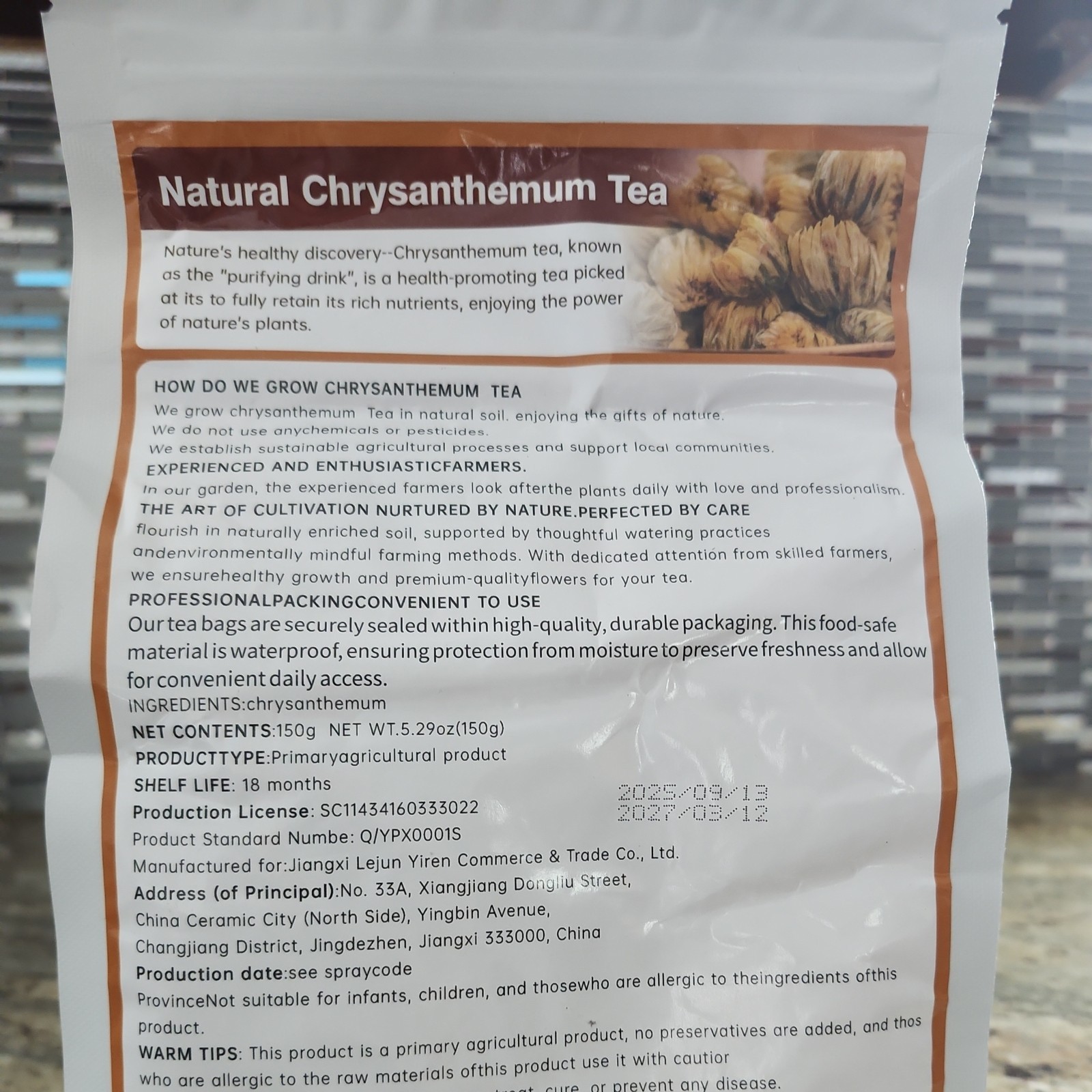 Natural Chrysanthemum Tea Bags Premium Flower Tea 5.29 ounce 45 bags .
