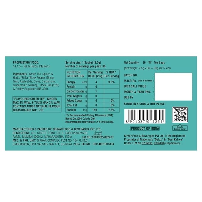 Girnar Kahwa Green Tea 36 Bags 90g Herbal Spiced Detox Tea