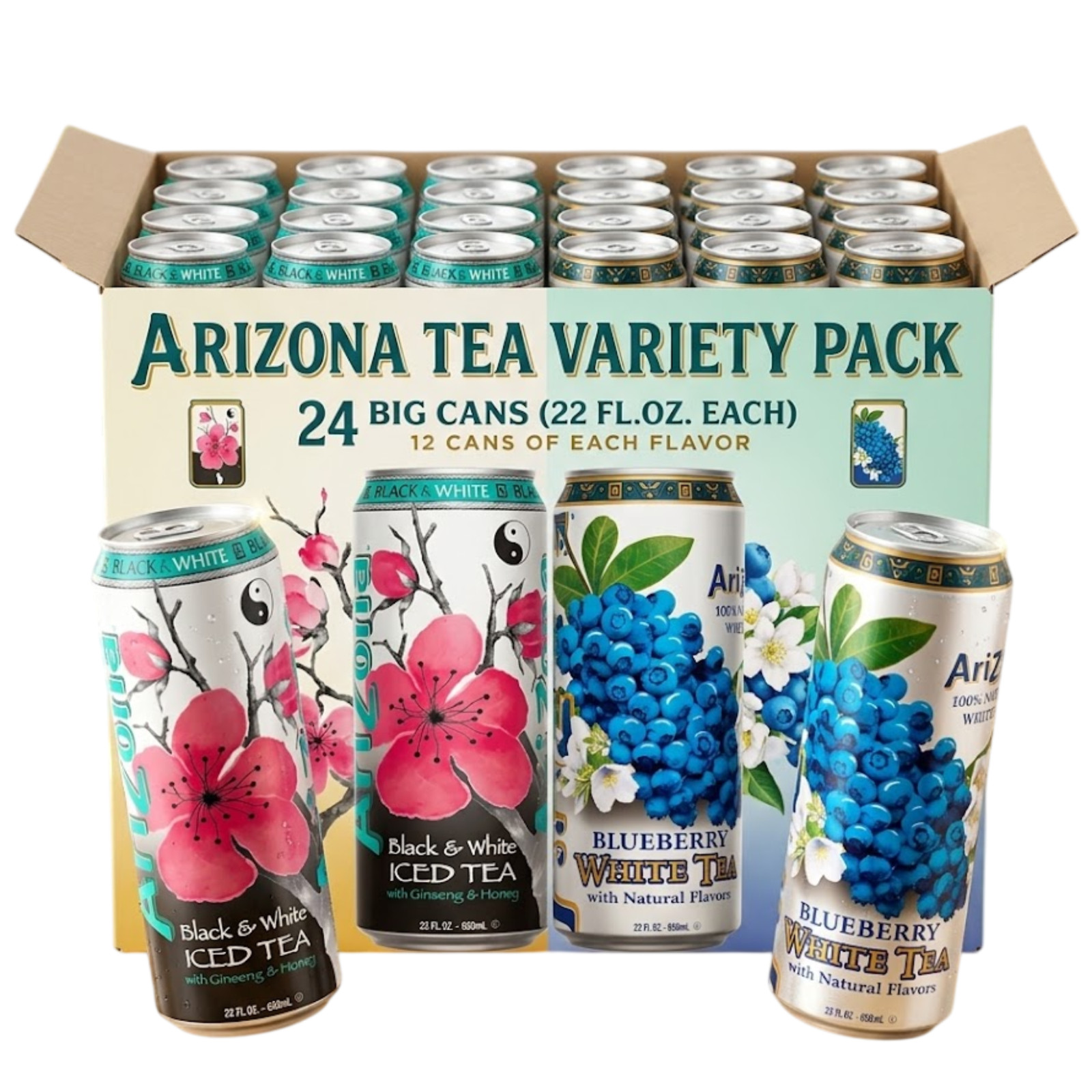 Arizona Tea Variety Pack 24 Cans Black & White Tea Blueberry White Tea 22oz