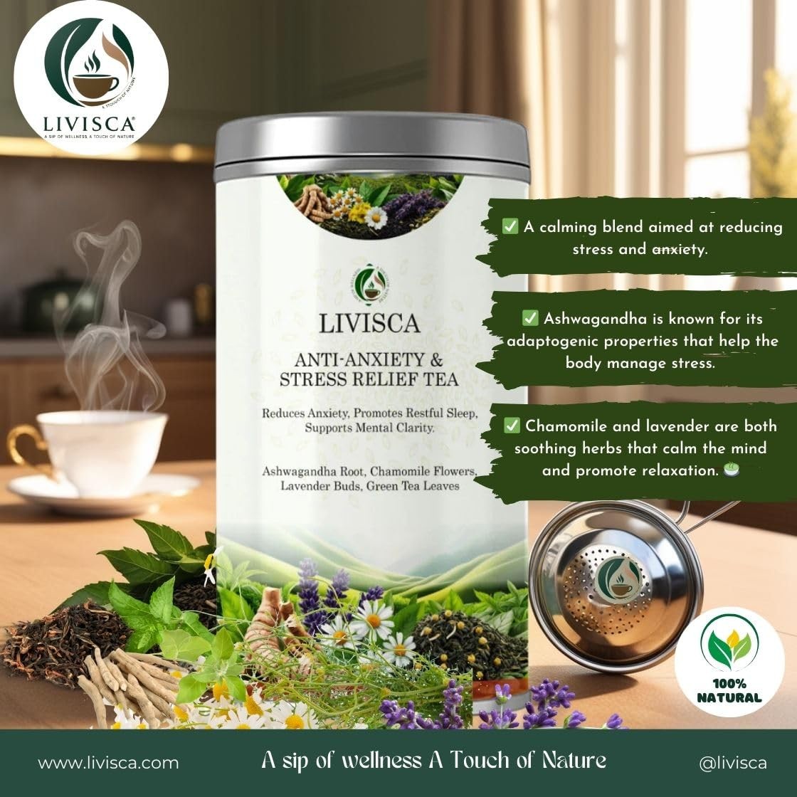 Livisca Anti-Anxiety & Stress Relief Tea | Ashwagandha, Chamomile, Lavender