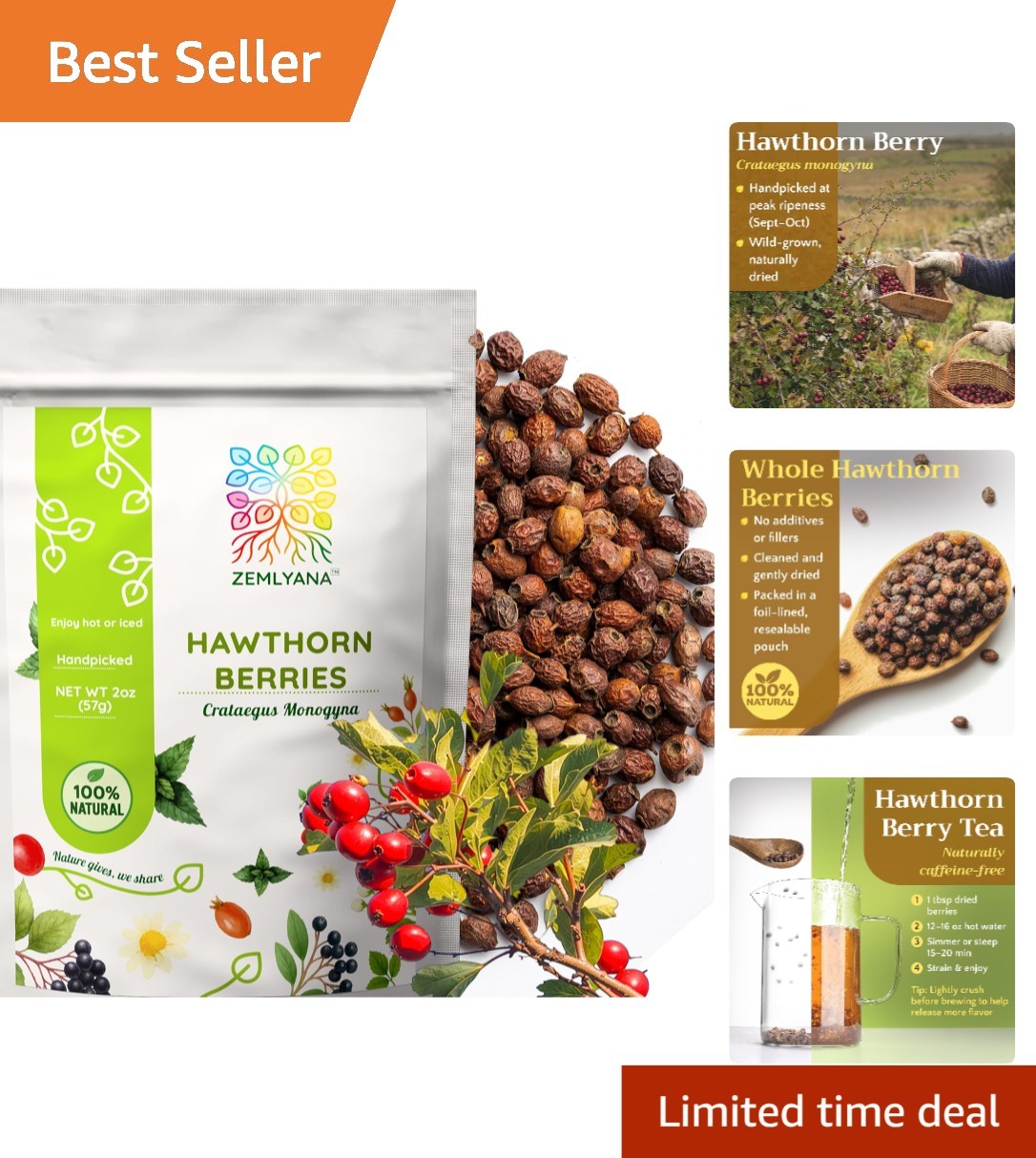 Caffeine-Free Hawthorn Berry Tea – Whole Dried Berries, 2oz for Relaxation