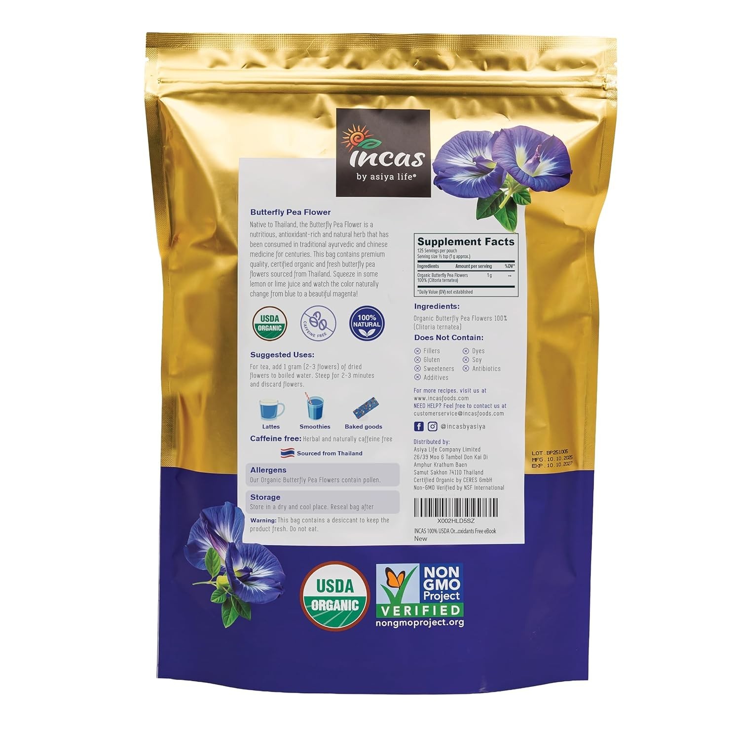 INCAS Organic Butterfly Pea Flower 4.41 oz – Caffeine-Free, , Antioxidant