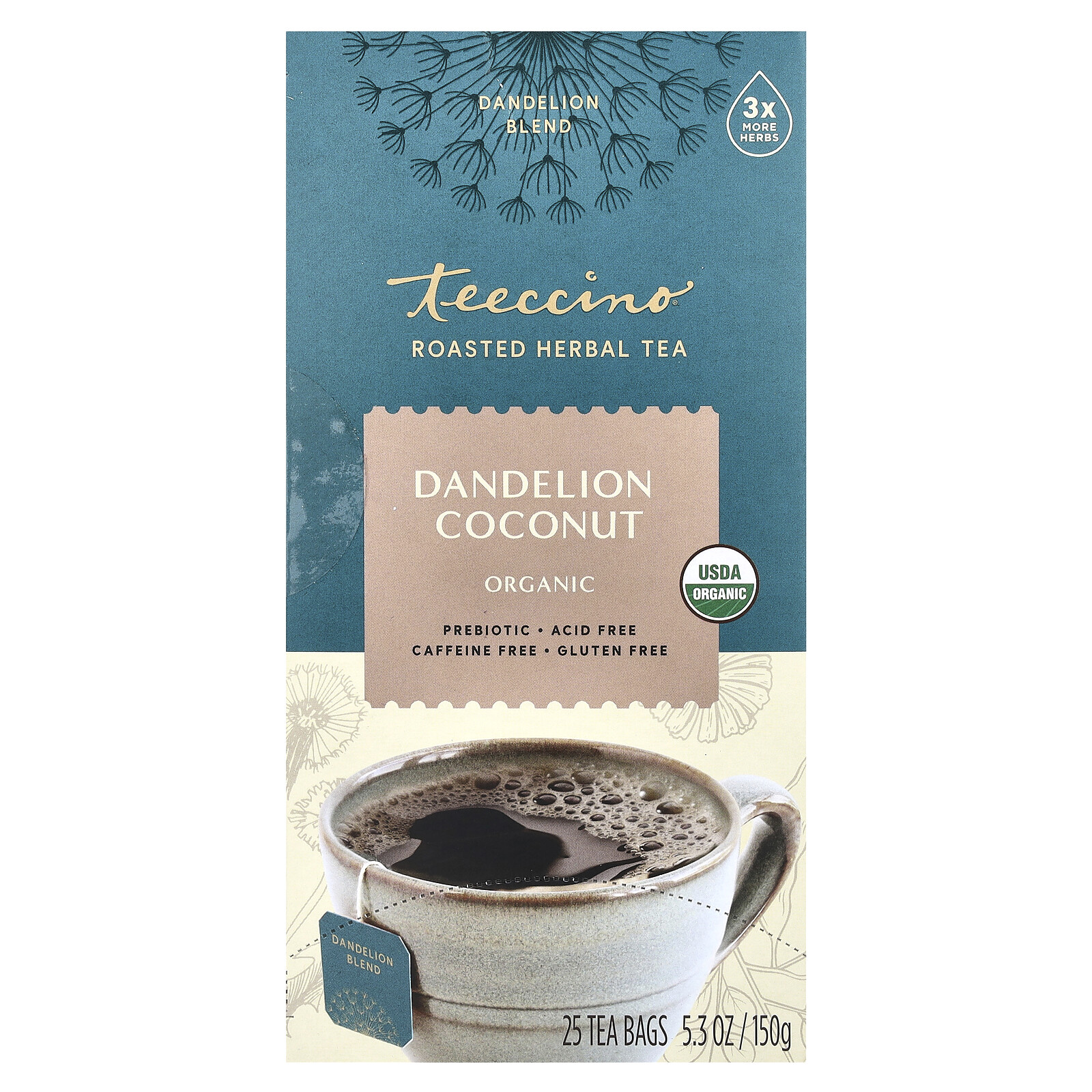 Roasted Herbal Tea, Dandelion Coconut, Caffeine Free, 25 Tea Bags, 5.3 oz (150