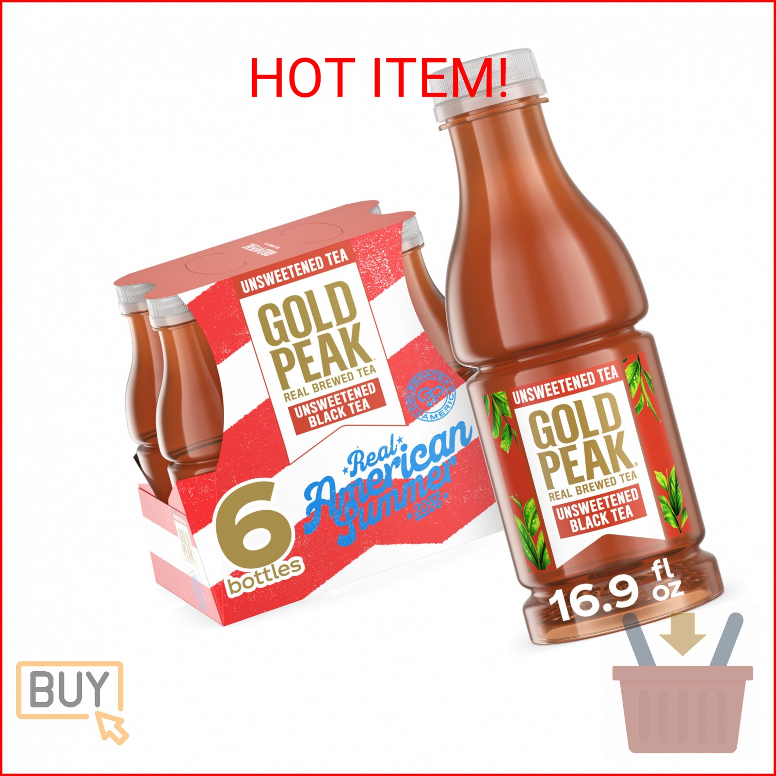 Gold Peak Tea, Unsweet Tea, 16.9 fl oz, 6 Pack