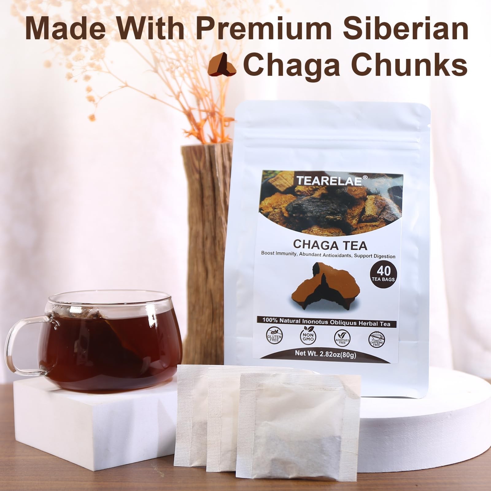 Chaga Mushroom Tea Bags – 100% Pure, Wild Harvested, Caffeine-Free, Non-GMO – 80