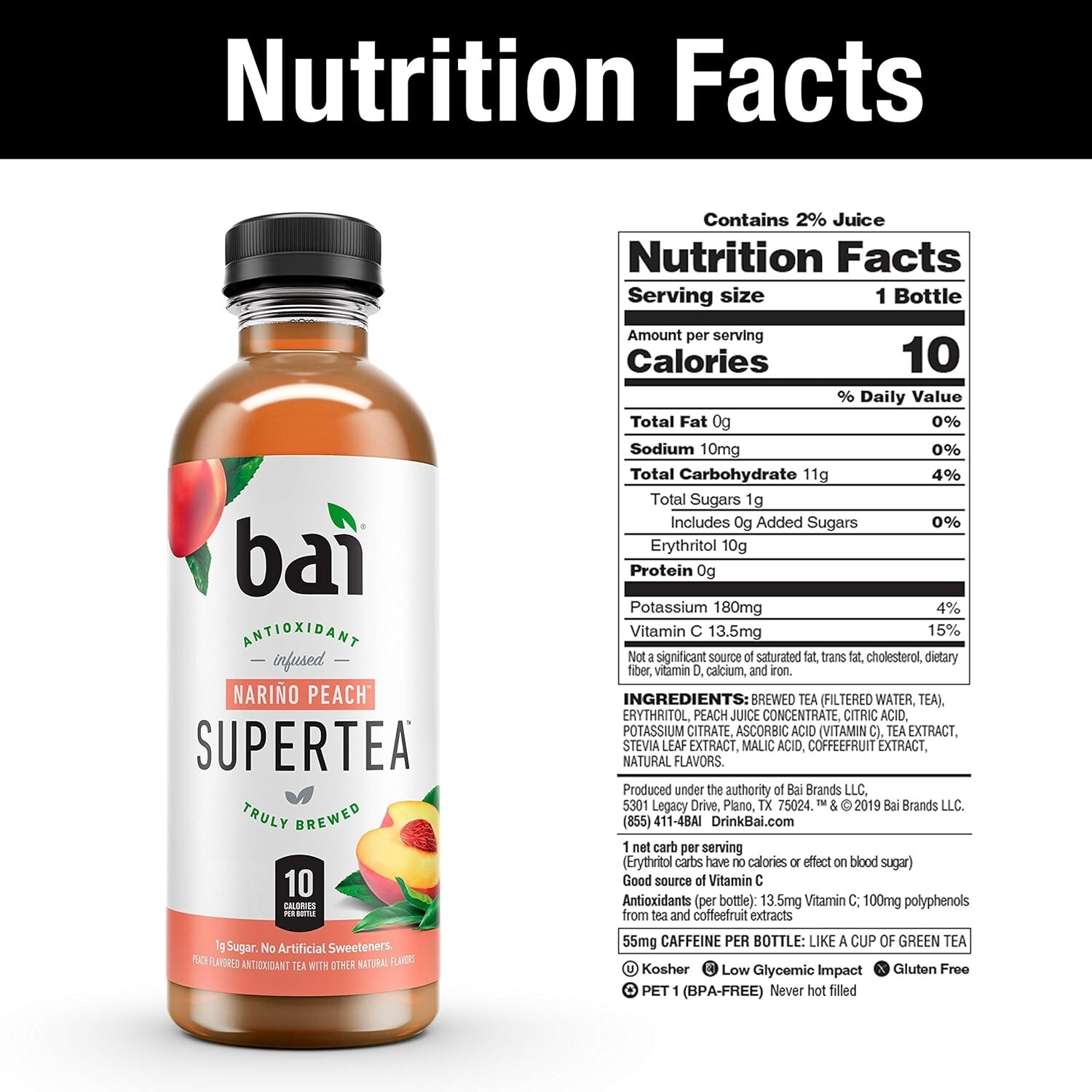 Bai Iced Tea, Narino Peach, Antioxidant Infused Supertea, 18 Fl OZ, 12 Count