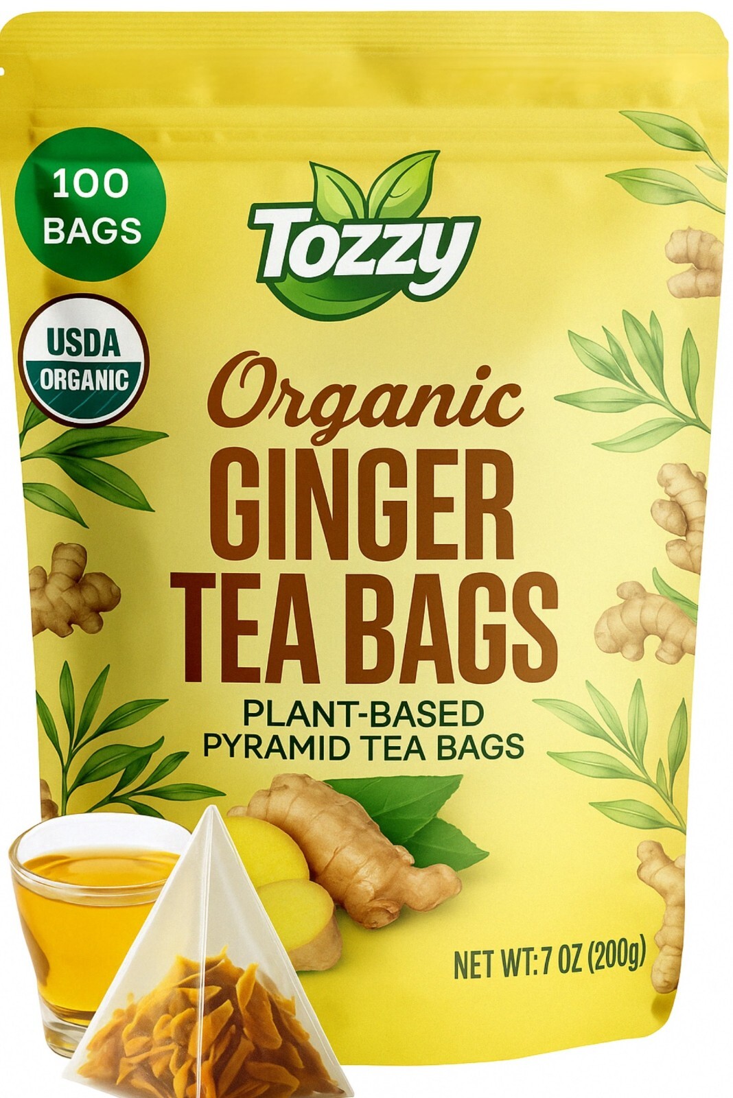 Organic Ginger Tea Bags – 100 Count (Plant-Based Pyramid Tea Bags)
