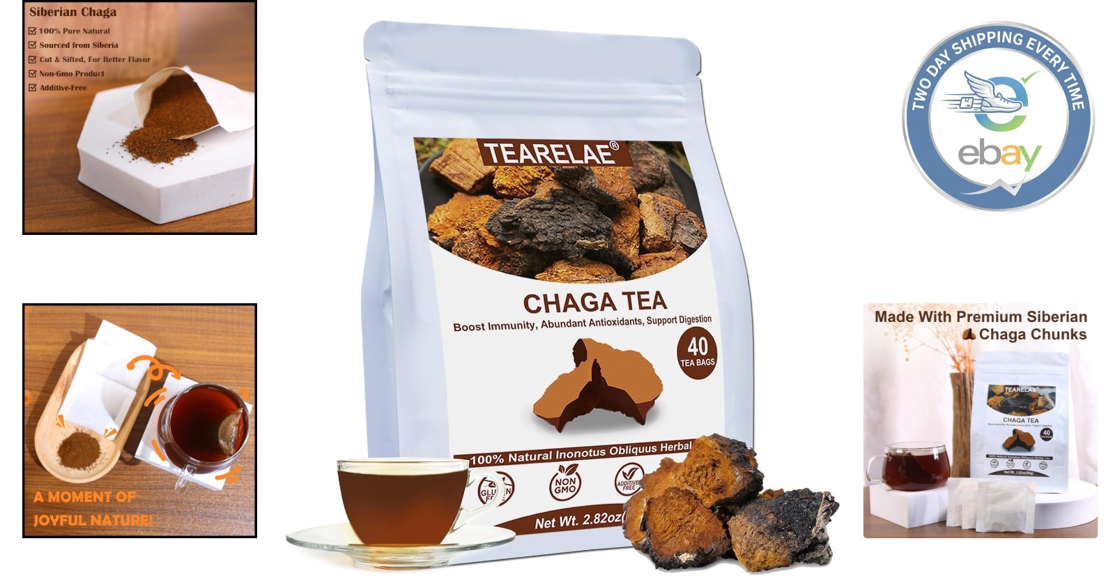 Chaga Super Tea – 40 Count Natural Tea Bags – Rich in Antioxidants & Nutrients