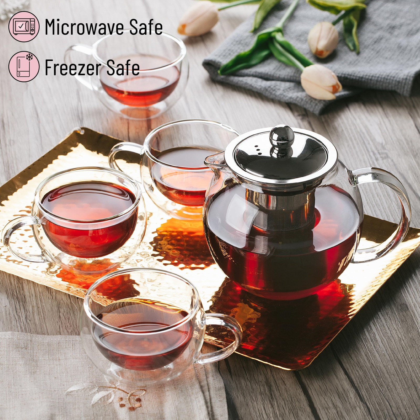 BTaT- Glass Tea Pot Set, Set of 4, Double Wall Glass Tea Cup and Kettle with …