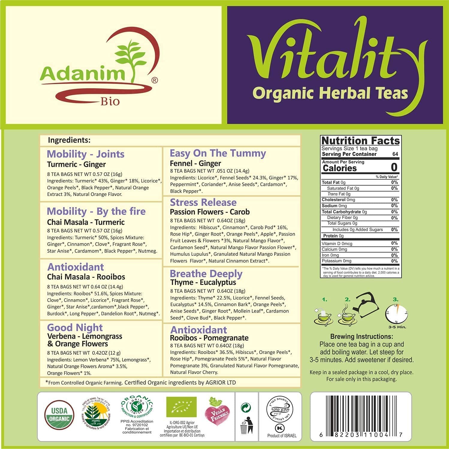 Vitality Organic Herbal Tea Sampler Gift Box Caffeine Free 8 Unique Flavors f…