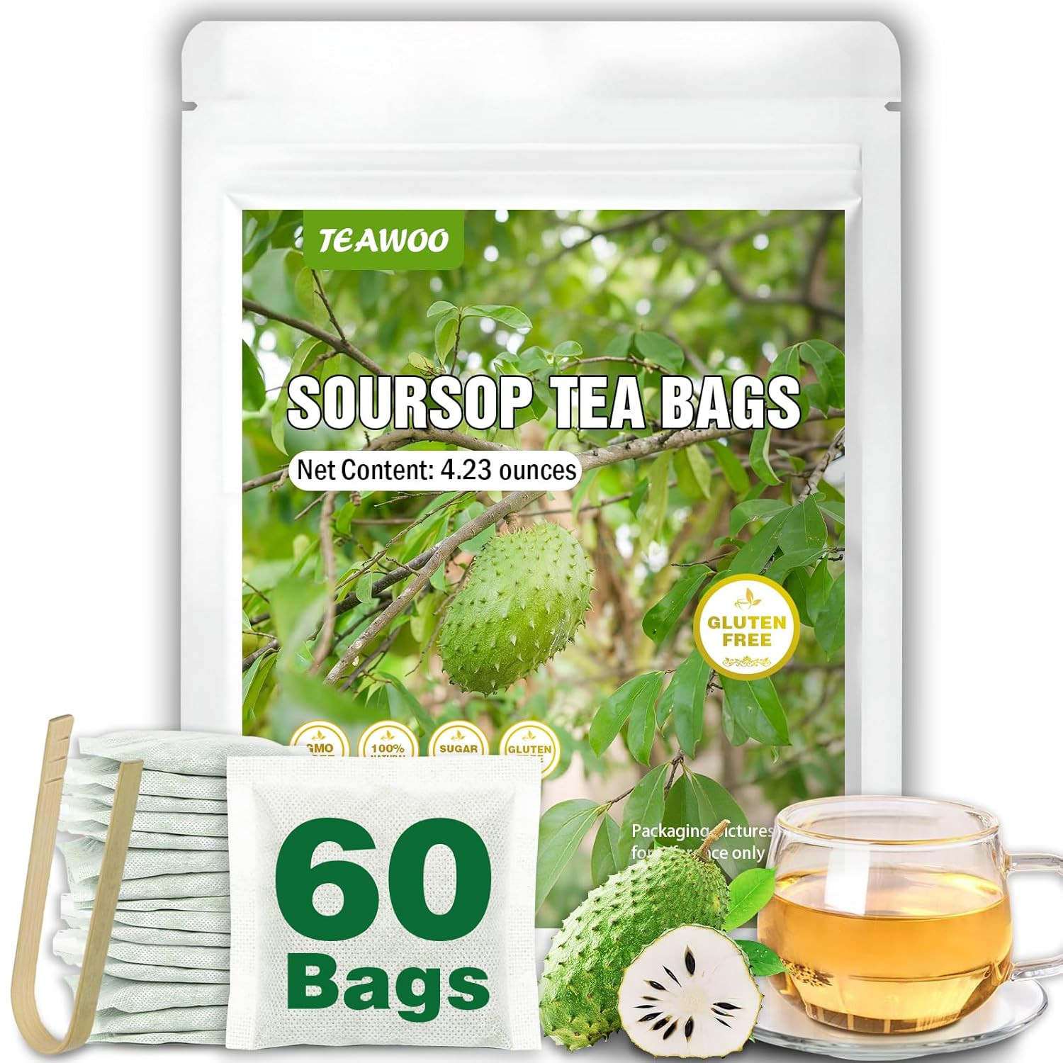 TEAWOO Soursop Tea Bags, 60 Packs 100% Natural Soursop Leaves (Hojas De Guanaban