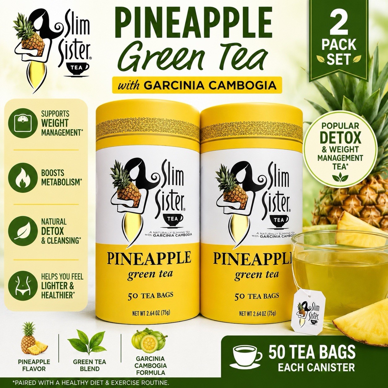 Slim Sister Pineapple Green Tea 50 Tea Bags Garcinia Cambogia Detox x2 Set
