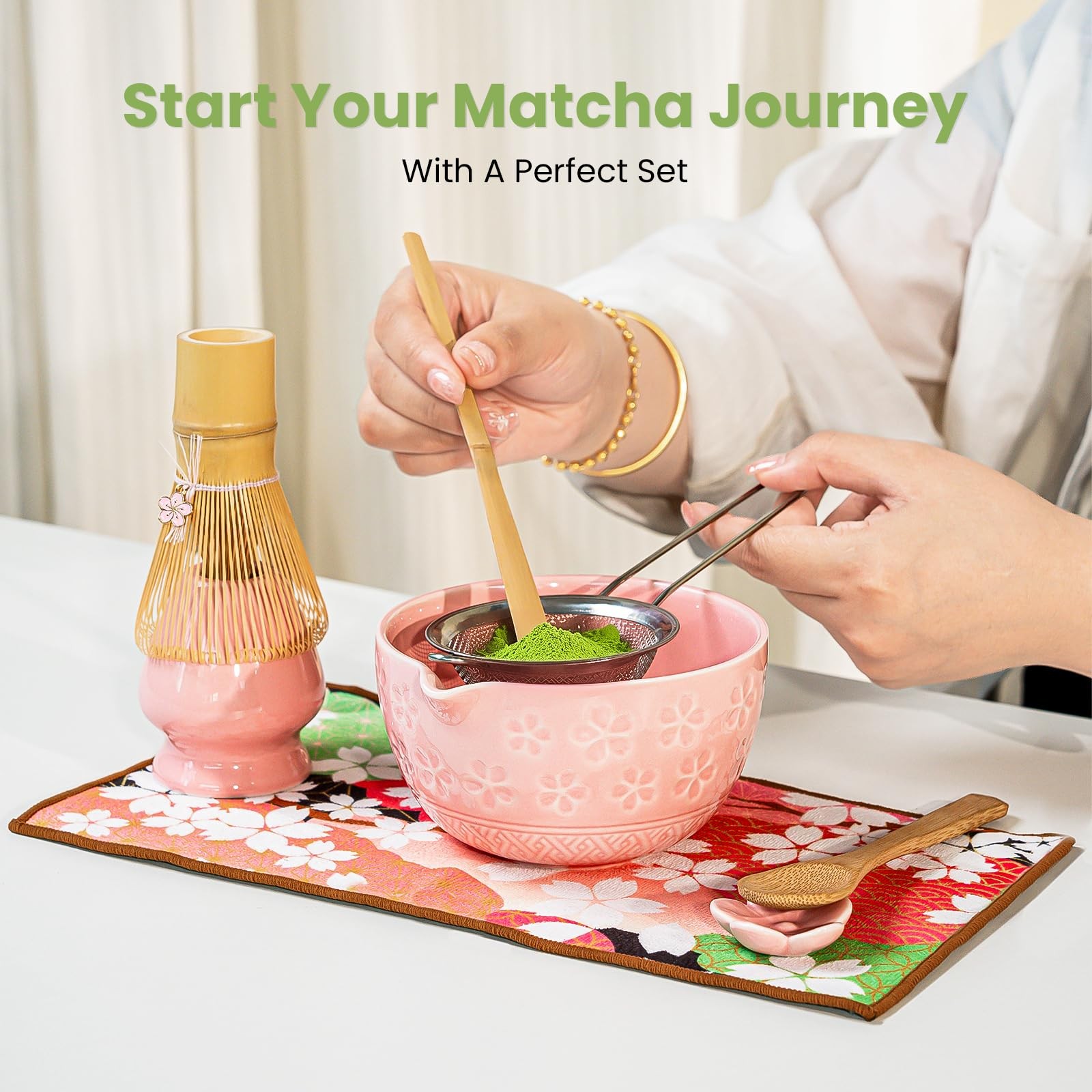 Matcha Whisk Set, Pink Matcha Kit (9 Pcs) Includes Bowl, Whisk, Holder, Scoop…