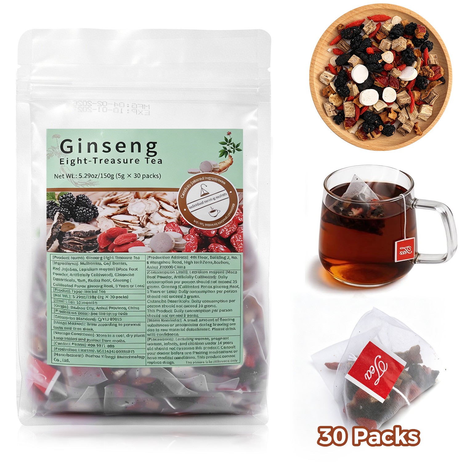 30-90bags Ginseng Eight Treasure Tea Kidney Tea Liver Tea Red Date Kidney Health