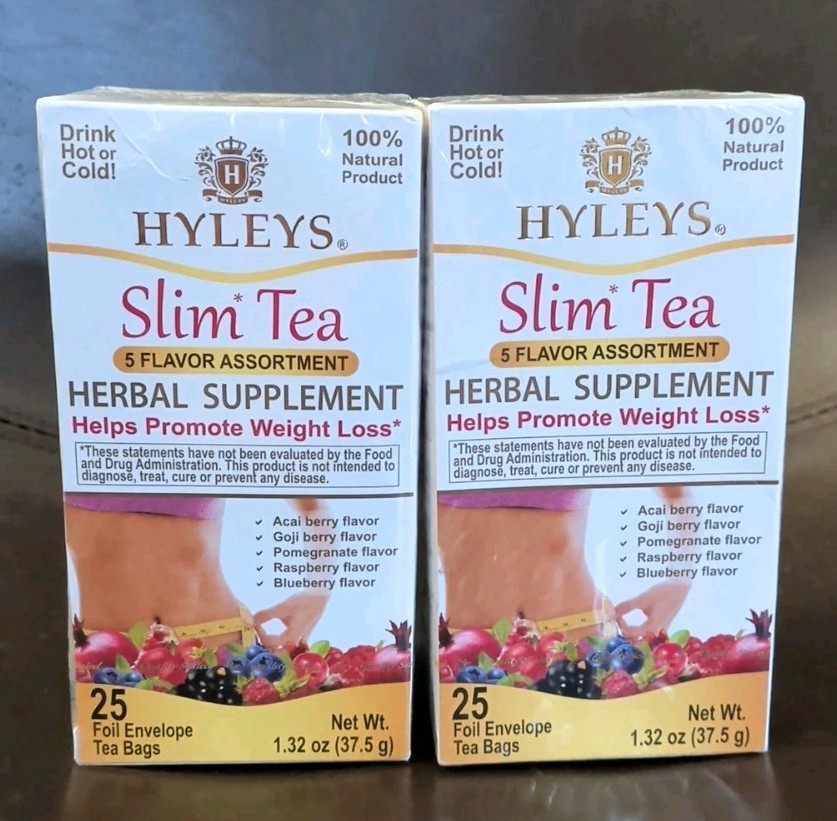 2 packs Boxes Hyleys Slim Tea 5 Flavor Assortment – 25 Tea Bag, sealed Exp 08/26