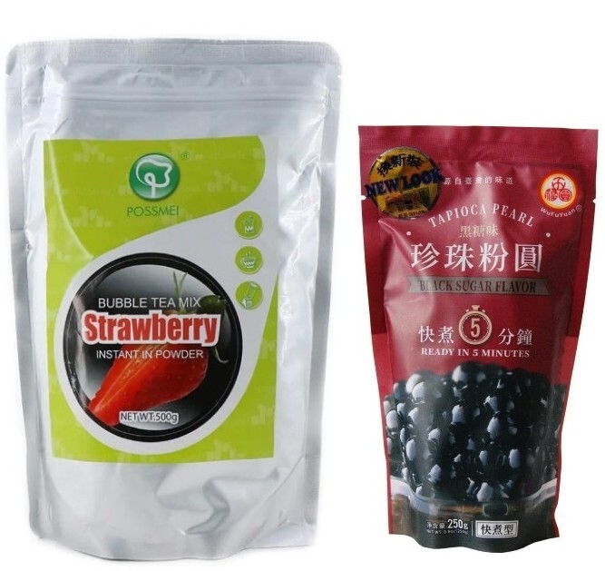 POSSMEI Bubble tea mix Strawberry Instant powder 500gW/ Black Bubble pears