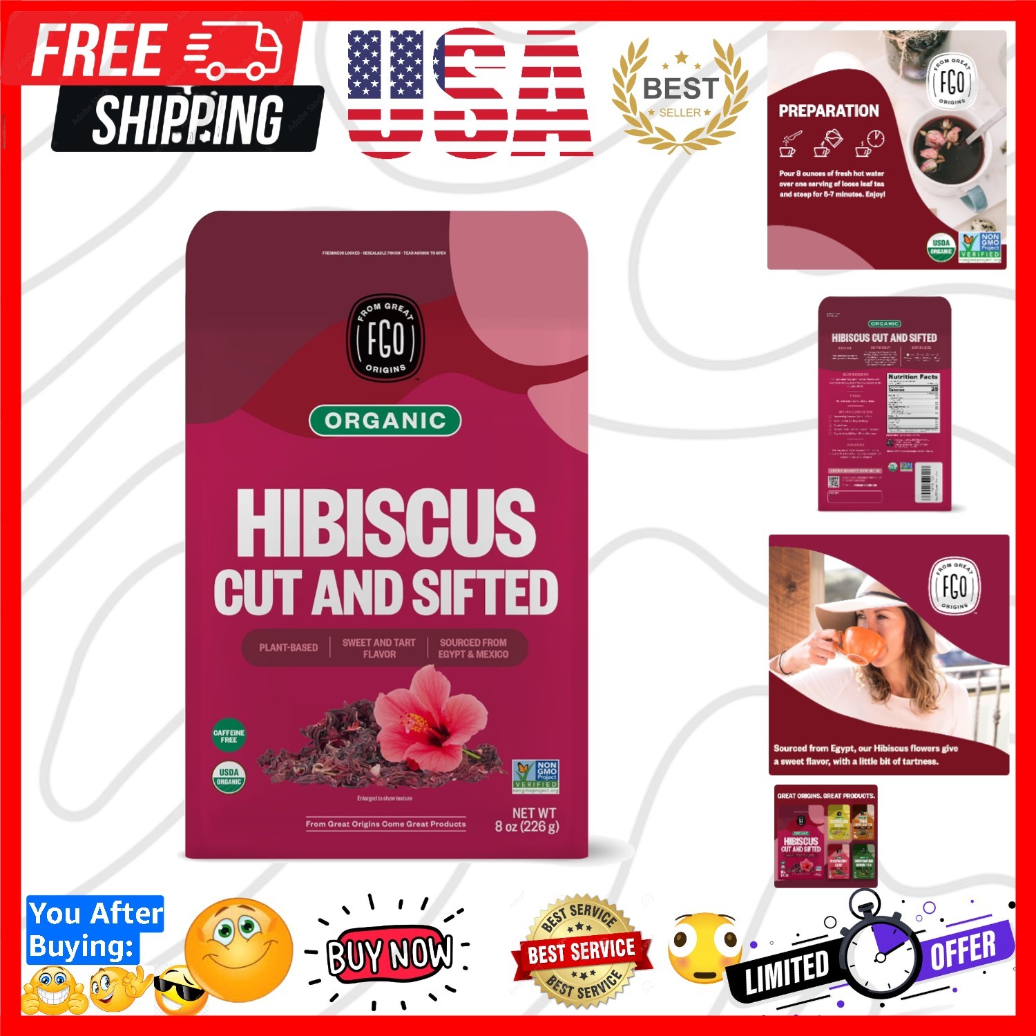 Organic Hibiscus Flowers, Cut and Sifted, Loose Tea, 8oz Resealable Bag, Pack…