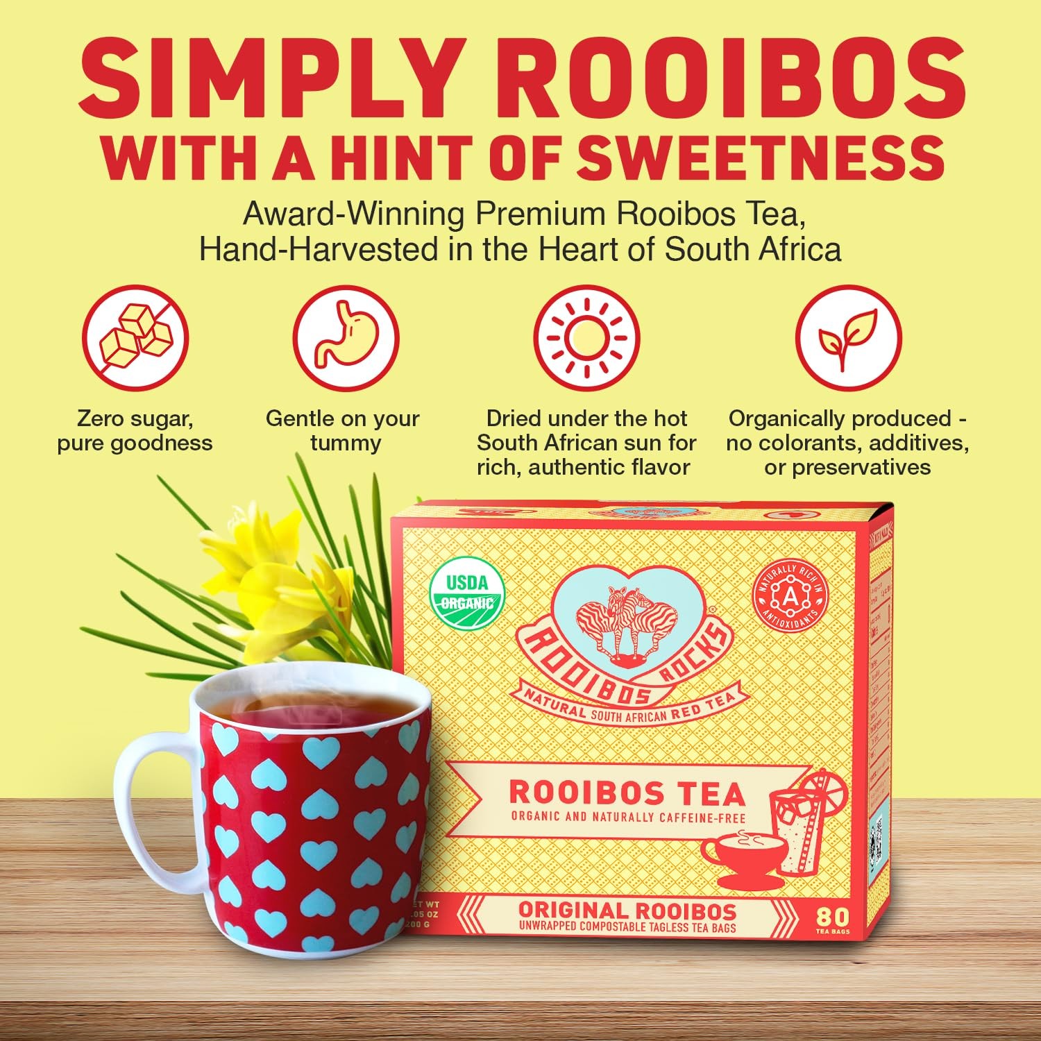 Caffeine Free Organic Rooibos Tea Bags 80 Naturally Sweet Herbal Low Tannin