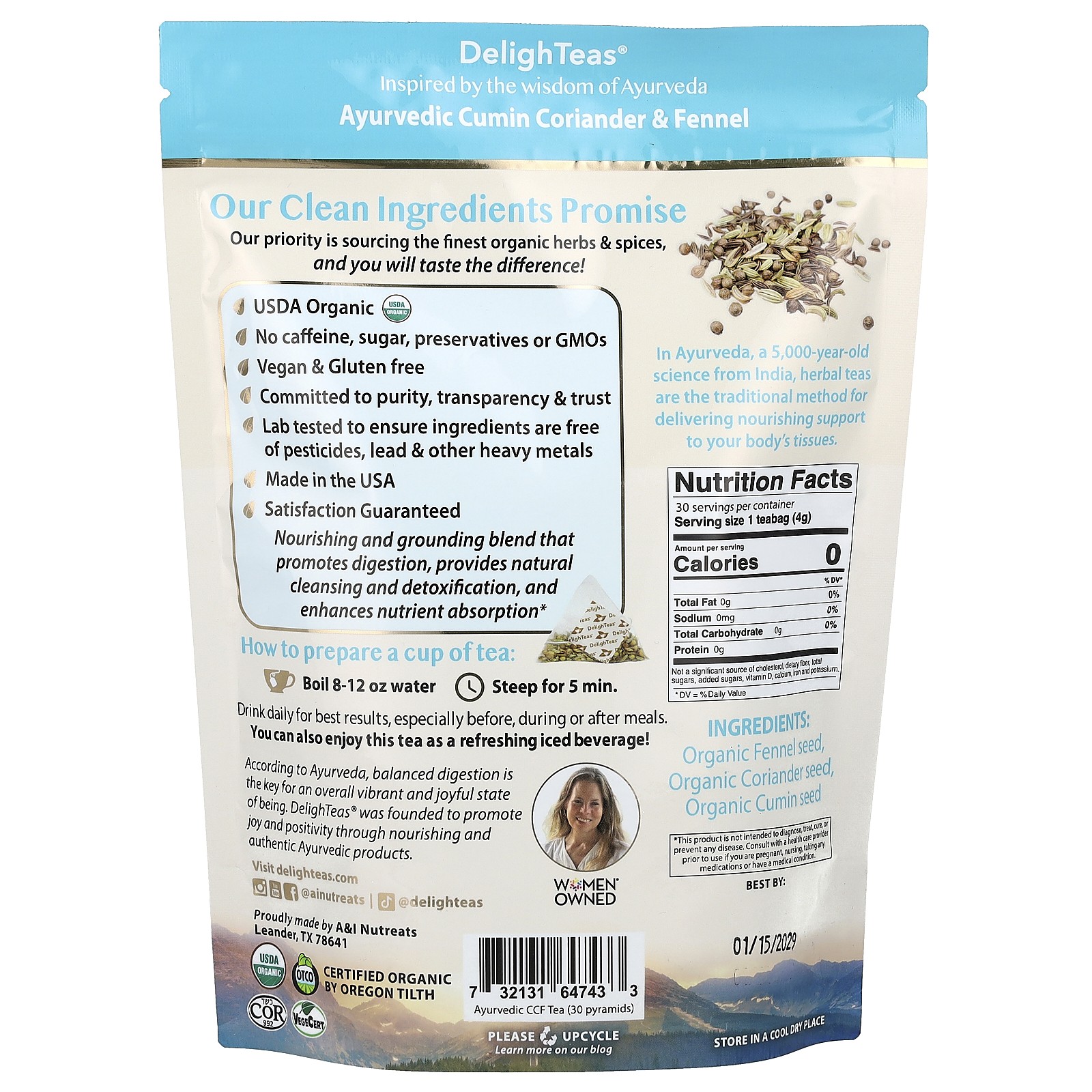 Ayurvedic Cumin Coriander & Fennel, Herbal Detox Tea, Caffeine Free, 30 Luxury