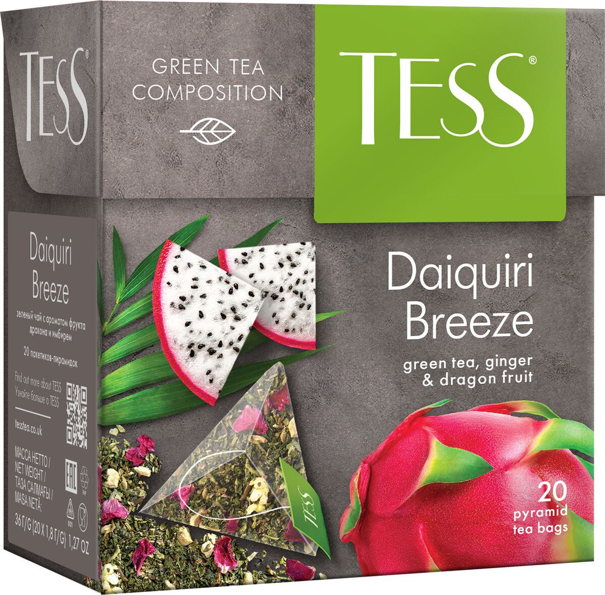 TESS DAIQUIRI BREEZE GREEN TEA GINGER & DRAGON FRUIT 20 PYRAMID TEA BAGS
