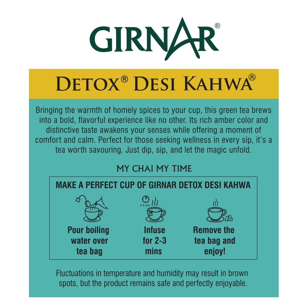 Girnar Detox Green Tea Desi Kahwa 90g | 36 Tea Bags | Ayurvedic Herbal Tea