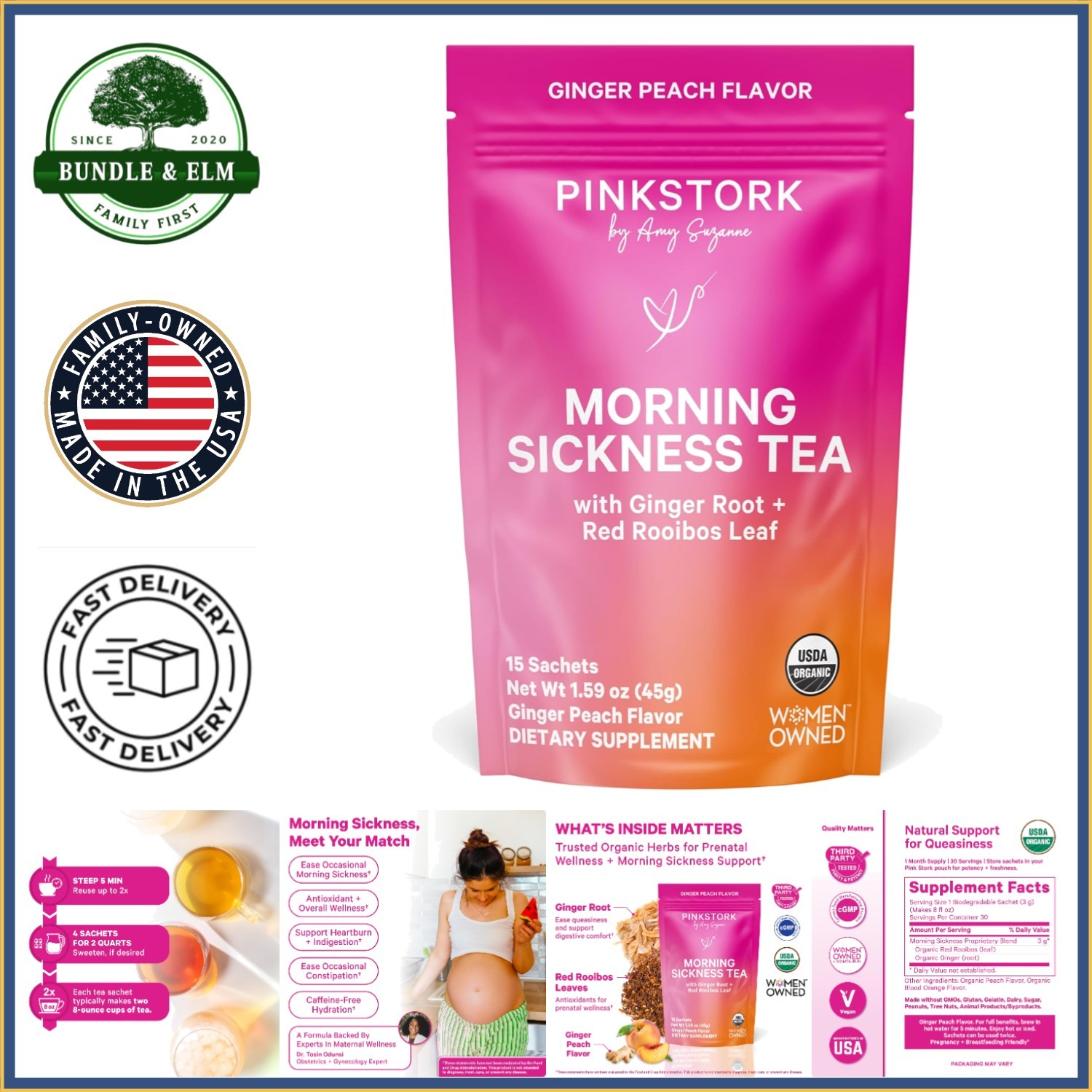 Organic Morning Sickness Tea with Ginger-Peach Flavor – 15 Sachets for Pregnancy
