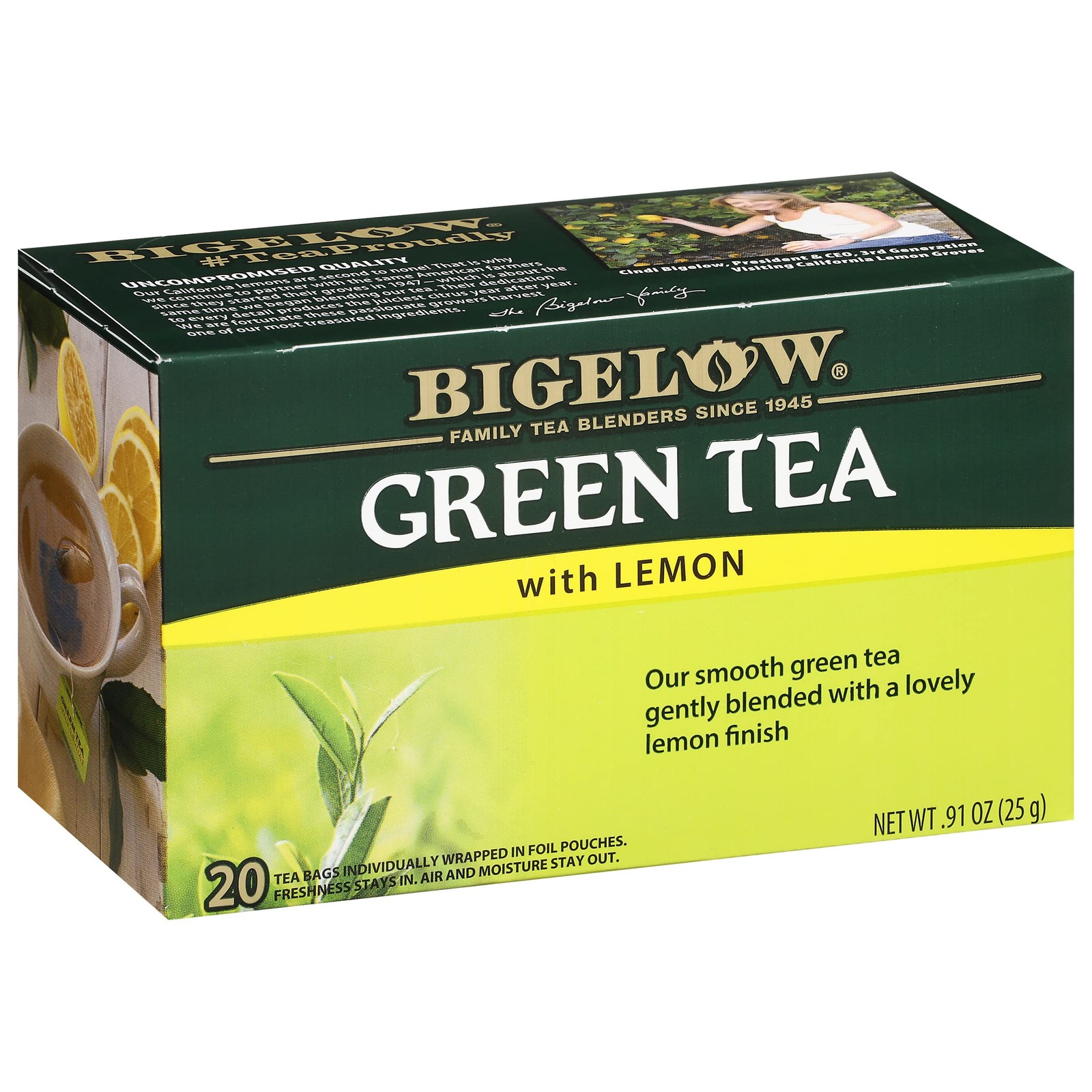 Green with Lemon Tea Bags, Caffeinated, 20 Count, Pack of 6